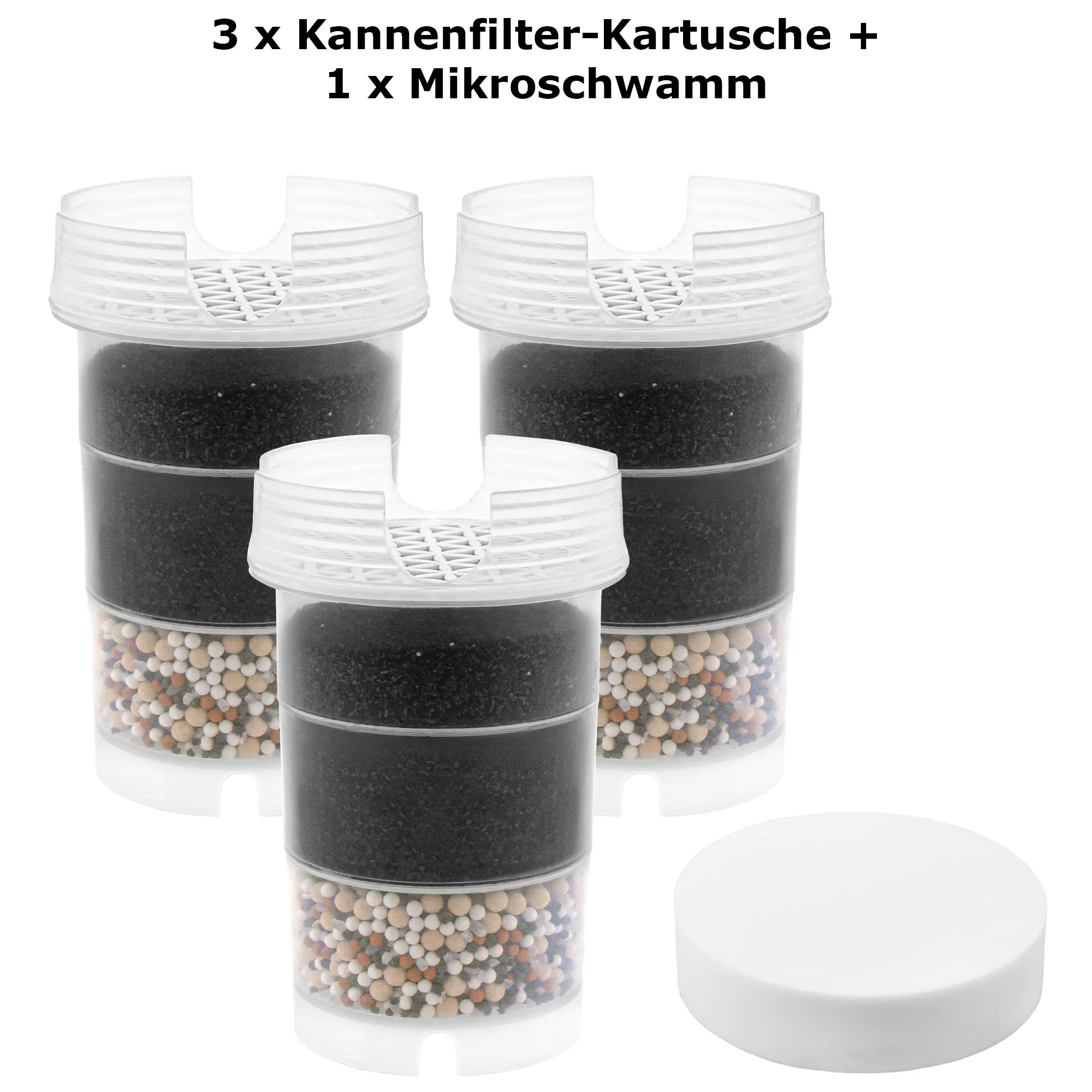 Drei Filterkartuschen für AcalaQuell Kannenwasserfilter ONE, Swing, Sunny, Wassetto und Silizia vor weißem Hintergrund, daneben liegt ein weißer Mikroschwamm. Mit diesem ½ Jahrespaket kann man sechs Monate Wasser filtern.