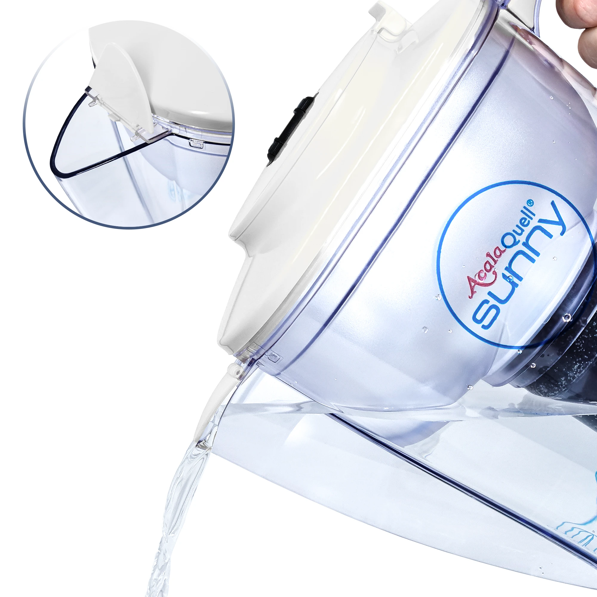 Zu sehen ist der obere Teil des Acala Sunny mit Deckel in weiß, Wasser wird ausgegossen. Darüber ein kleineres Bild mit dem Ausguss des Filters in Großaufnahme. Der Ausguss Schnabel in weiß ist nach oben geöffnet.