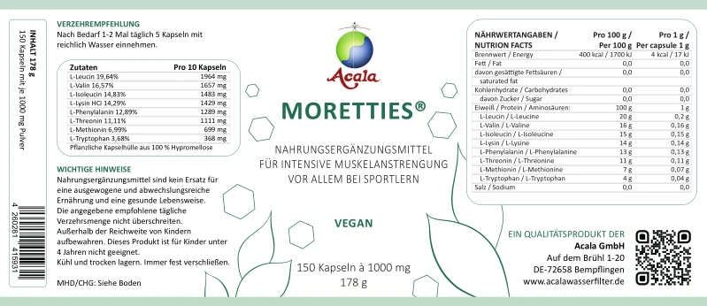 Zu sehen ist das Etikett der Morettie Eiweiß Kapseln von Acala.