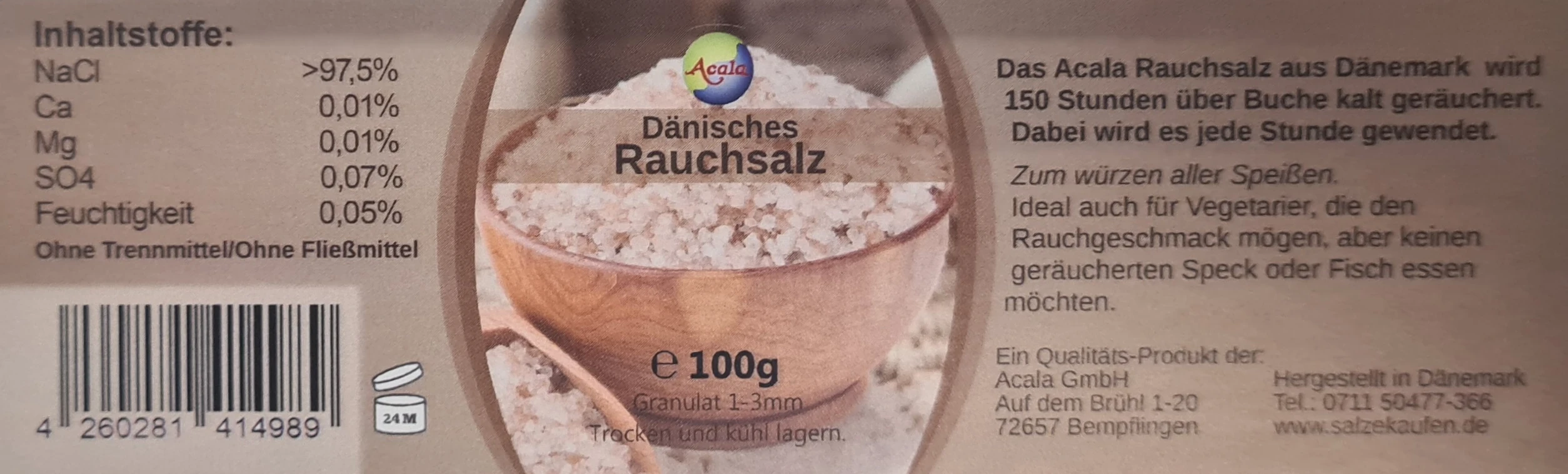 Etikett zu 100g dänischem Rauchsalz