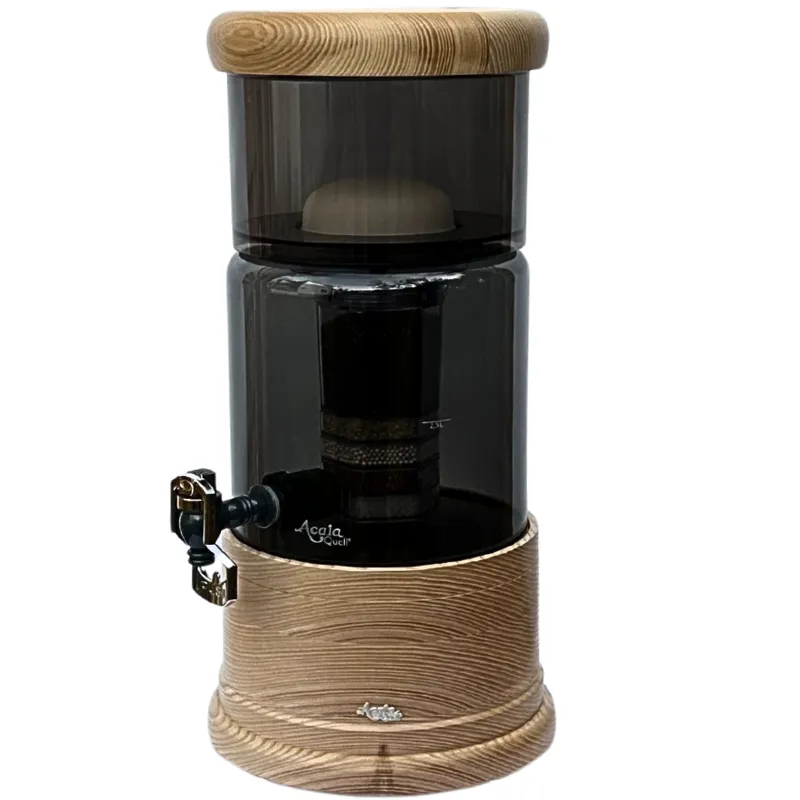 Antrazitfarbener AcalaQuell Mini mit Glastank und rund gearbeiteter Holzvariante aus massiver Esche für Deckel und Sockel.