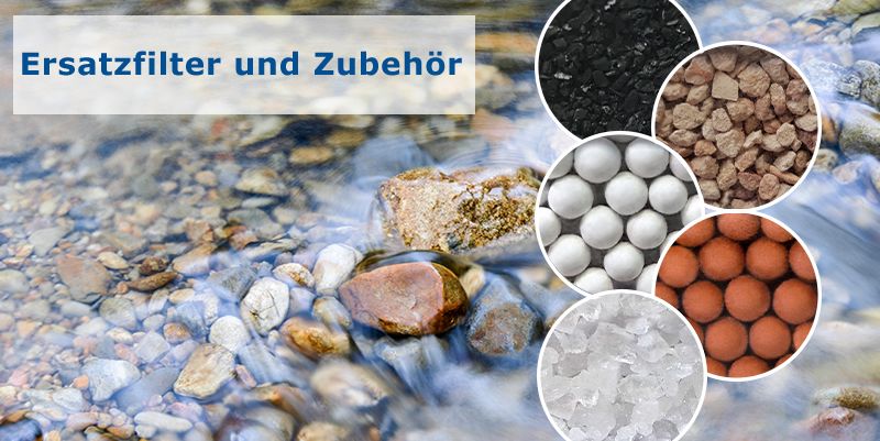 Das Bild zeigt einen fließenden Bach mit Steinen im Hintergrund. Rechts sind verschiedene Filtermaterialien in Kreisen abgebildet: Aktivkohle, Keramikkugeln, Mineralsteine und weitere Filterstoffe. Links steht der Text „Ersatzfilter und Zubehör“.