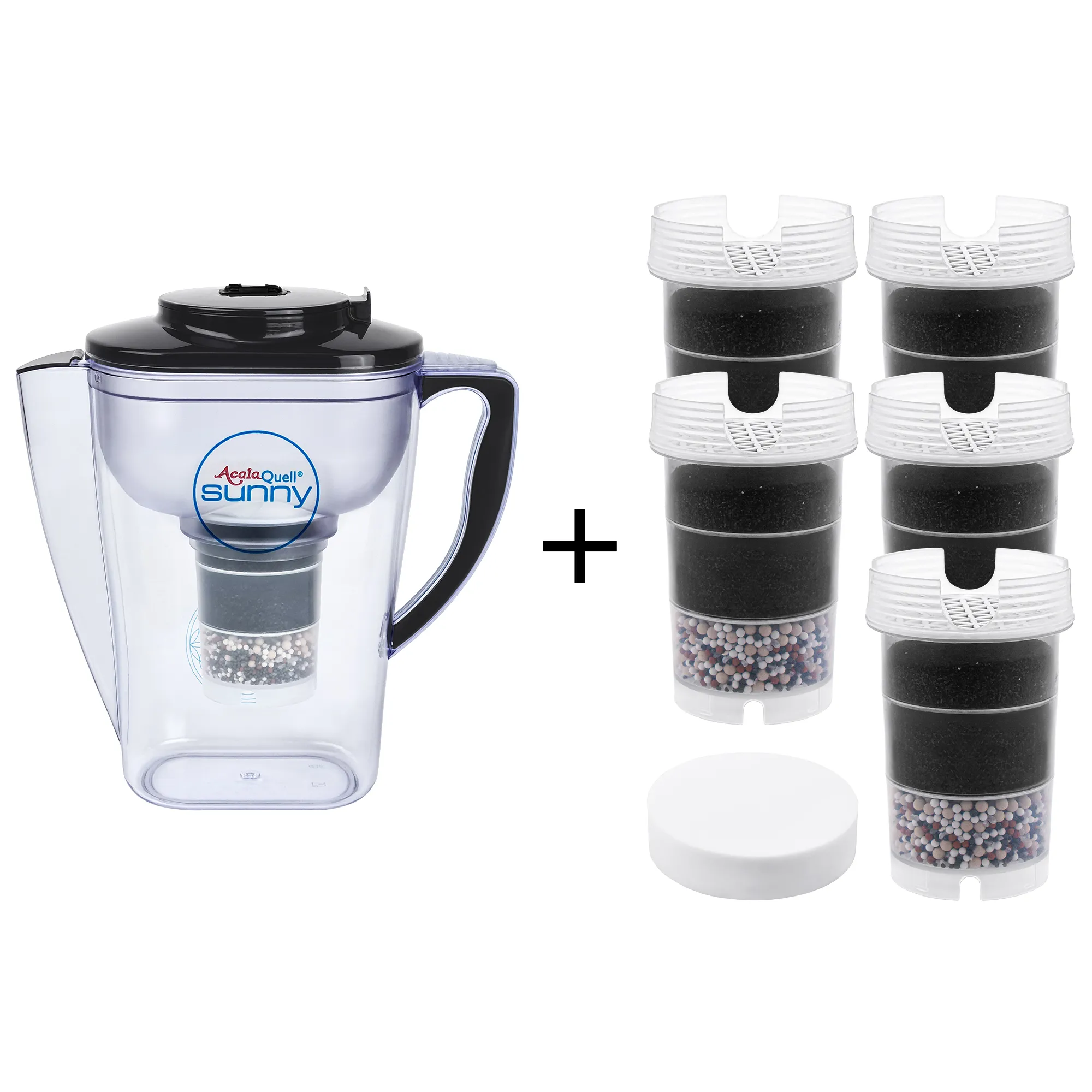 Kannen Wasserfilter Acala Quell Sunny mit Deckel, Griff und Ausgussschnabel in anthrazit inklusive einer Filterkartusche und einem Mikroschwamm plus fünf Filterkartuschen und ein Mikroschwamm. Mit diesem Einsteigerpaket ist man für ein Jahr versorgt.