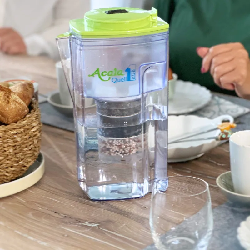 Wasserfilterkanne steht auf dem gedeckten Frühstückstisch