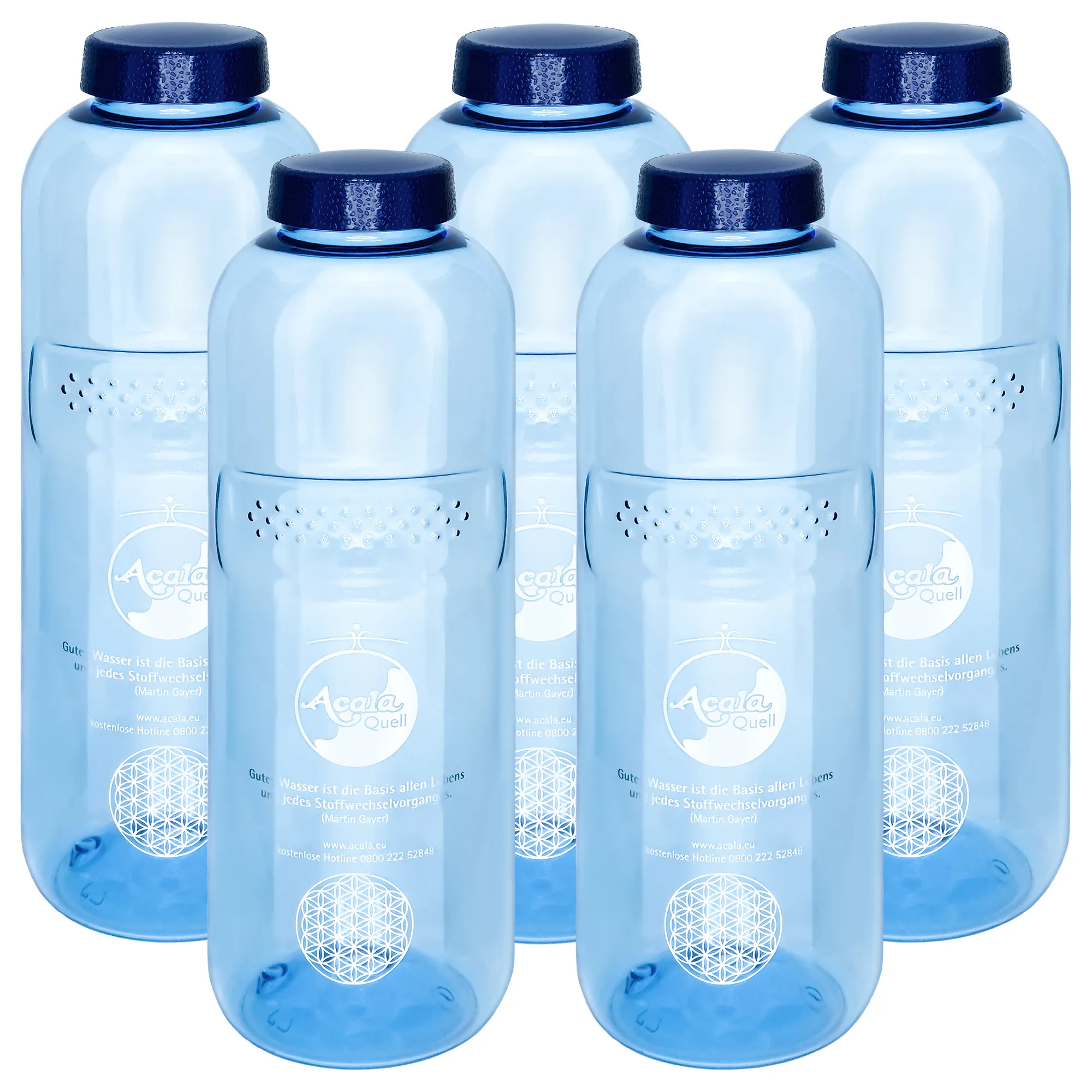 5er Set Acala Trinkflasche Grip 1,0 L aus Tritan Fünf blaue Tritan Trinkflaschen Grip 1L mit dunkelblauem Schraubdeckel vor weißem Hintergrund.