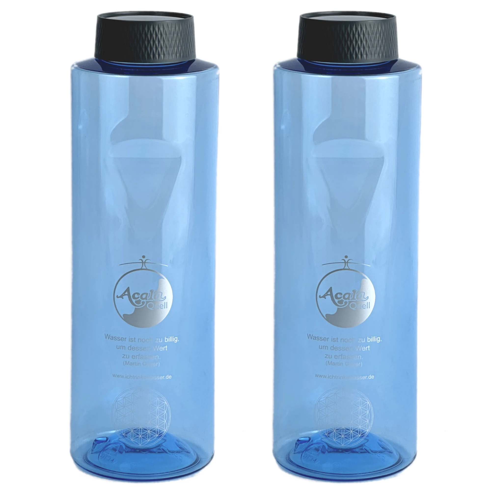 Zwei Tritan Trinkflaschen Grip 0,8L in blau mit grauem Schraubdeckel vor weißem Hintergrund.