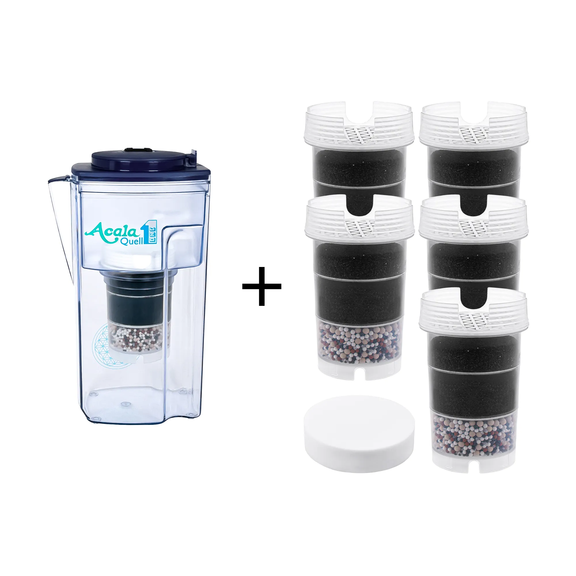 Einsteigerpaket AcalaQuell® One in dunkelblau KanneKannen Wasserfilter Acala Quell ONE mit Deckel und Ausgussschnabel in dunkelblau inklusive einer Filterkartusche und einem Mikroschwamm plus fünf Filterkartuschen und ein Mikroschwamm. Mit diesem Einsteigerpaket ist man für ein Jahr versorgt.