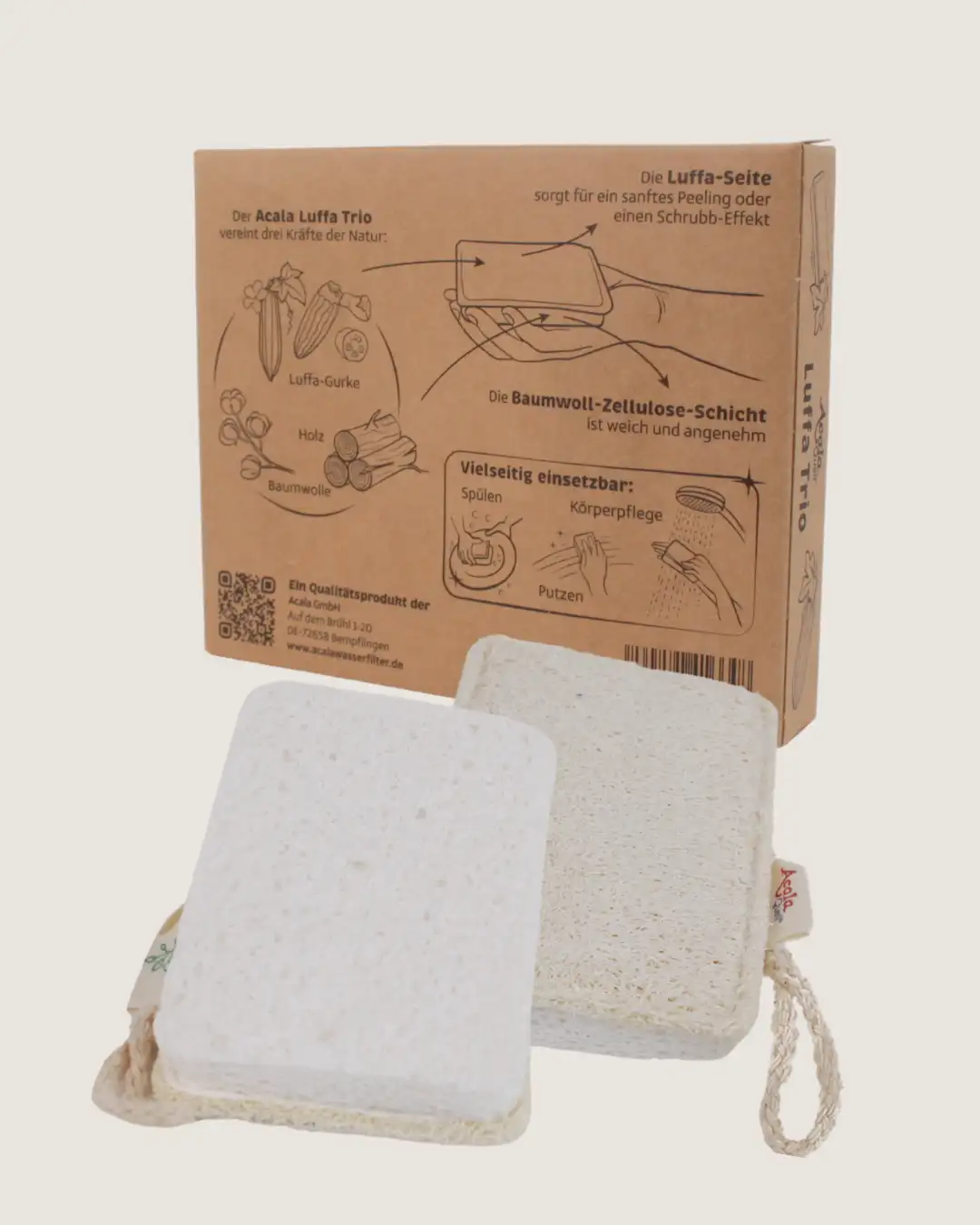 Zwei Luffa Schwämme vor dem Verpackungskarton, weißer Hintergrund.