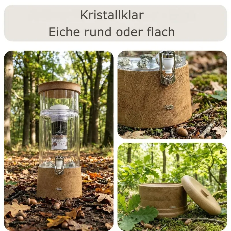 Übersicht AcalaQuell MIDI Wasserfilter in kristallklarem Glas mit rundem und flachem Deckel sowie Sockel aus Eiche-Echtholz.