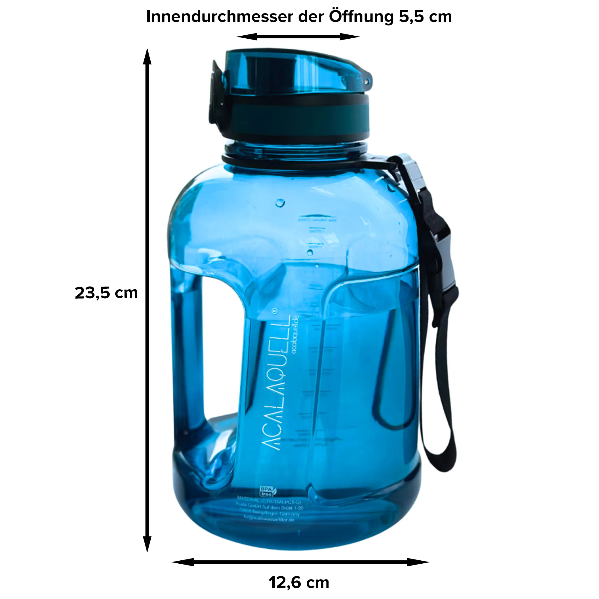 Maße für Tritanflasch Maxigo-12,6 cm durchmesser-Höhe mit Deckel 23,5 cm und Öffnung 5,5cm