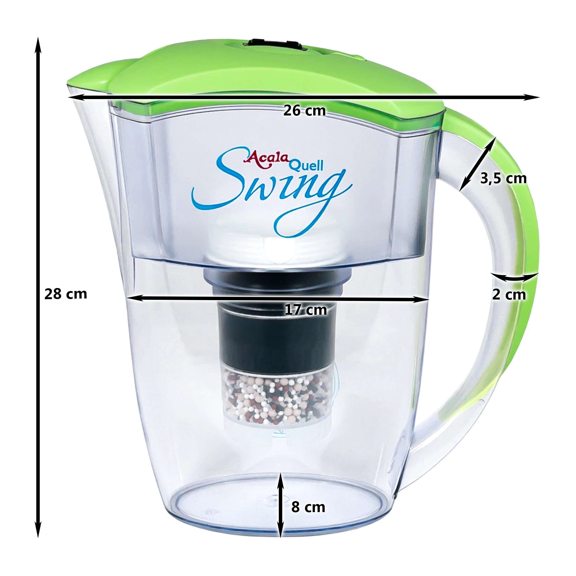 Zu sehen ist der Kannenfilter Swing inklusive einer Filterkartusche und einem Mikroschwamm mit Deckel und Griff in grün, weißer Hintergrund. Man schaut frontal auf den Filter und sieht den Aufdruck AcalaQuell Swing. Am Filter sind Pfeile mit Maßen.
