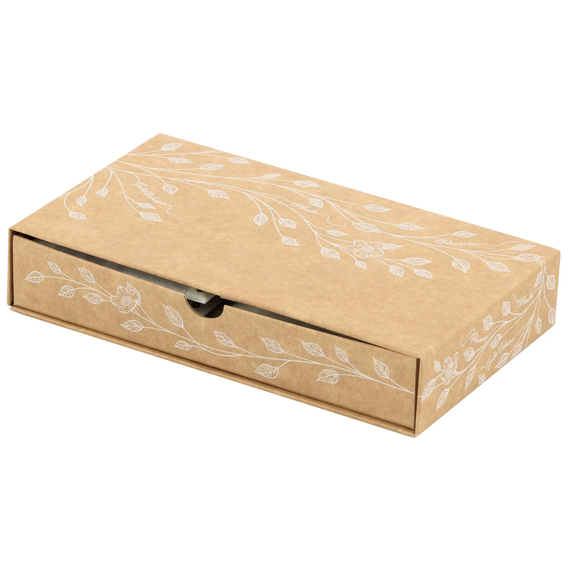 Brauner Verpackungskarton mit weißen Blumenranken für die ReNaWa-Nachfüllmaterialien der Glaskartusche für die Acala Stand Wasserfilter.
