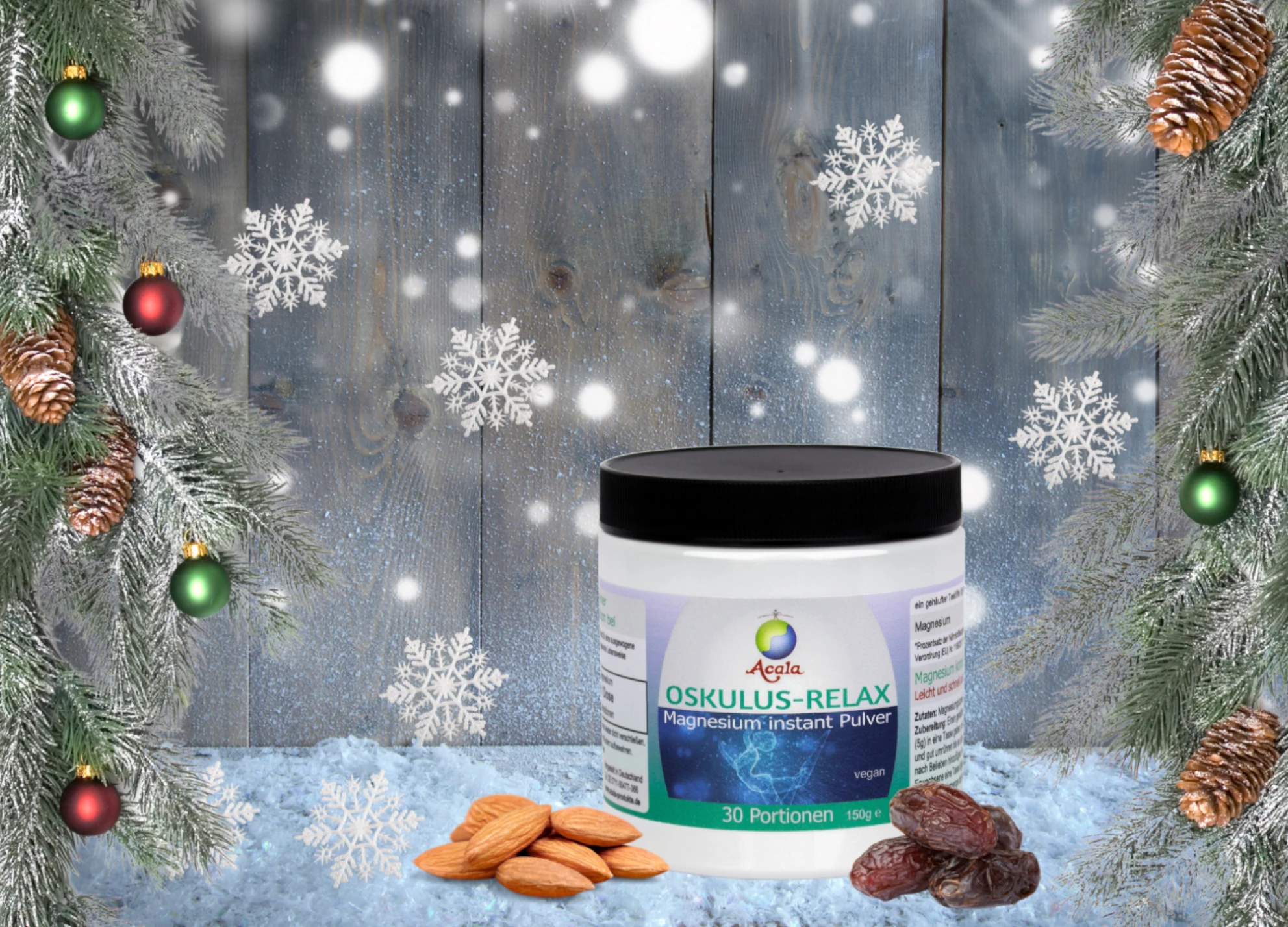 Eine Dose AcalaQuell Magnesium Oskulus Relax in weihnachtlicher Atmosphäre. 