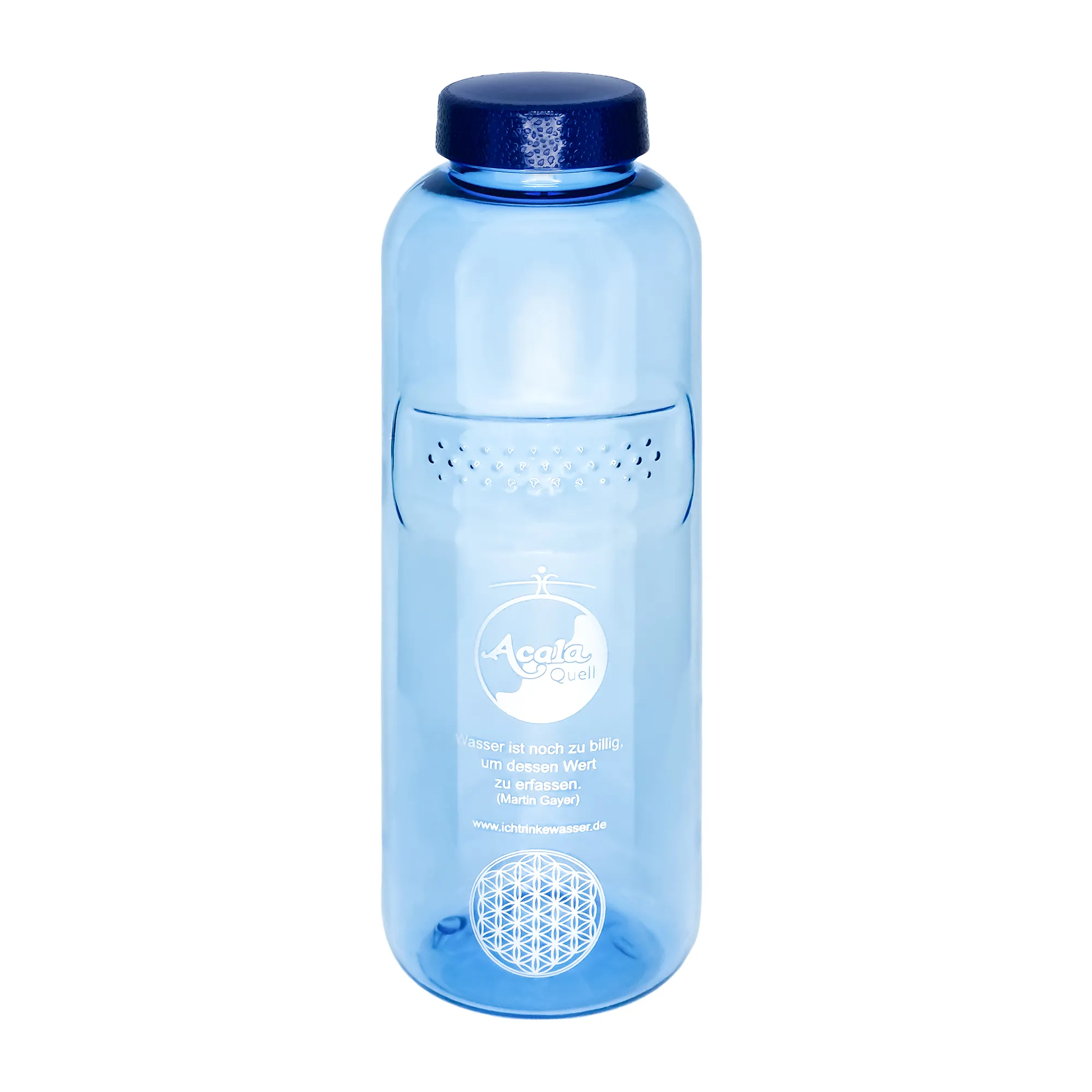 Acala Trinkflasche Grip 0,75 L aus Tritan Eine blaue Tritan Trinkflasche Grip 0,75L mit dunkelblauem Schraubdeckel vor weißem Hintergrund.