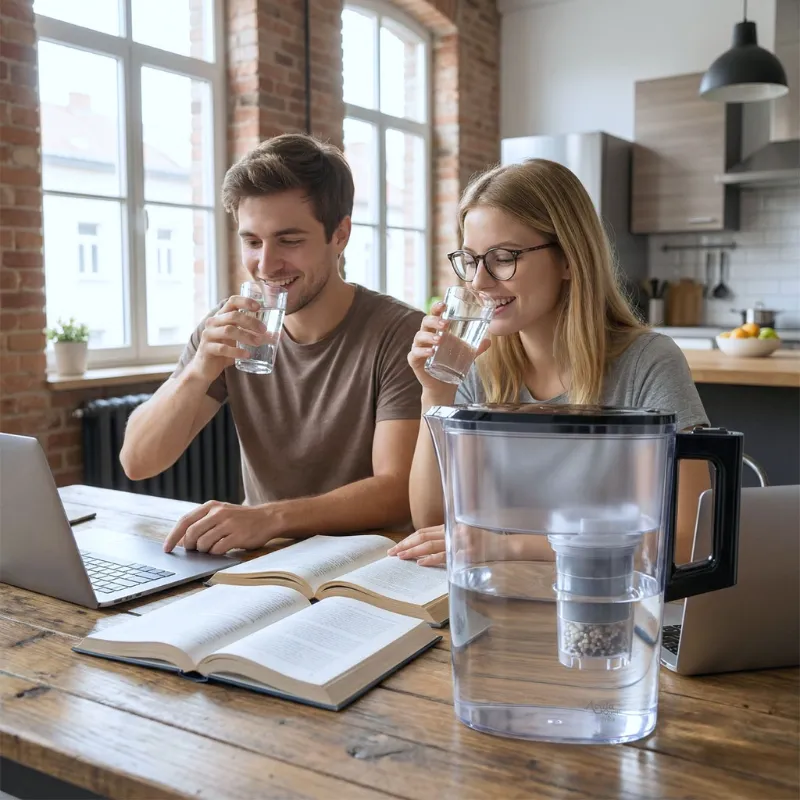 Zwei junge Menschen beim Trinken vor einem Laptop, im Vordergrund steht der Kannenfilter Nilo