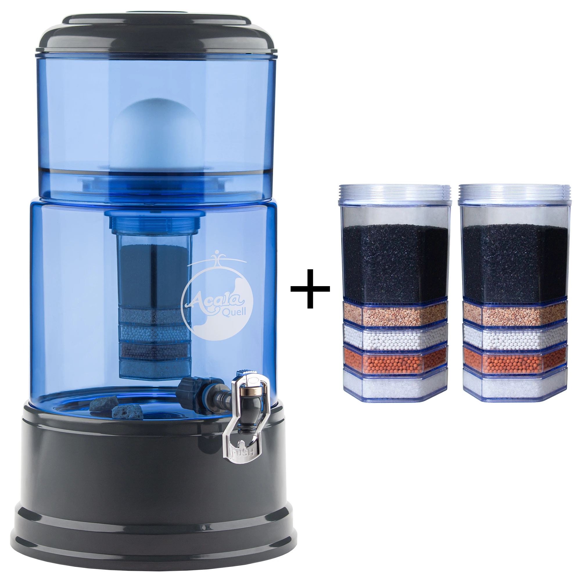 Einsteigerpaket AcalaQuell® Smart Blau/Anthrazit Zu sehen ist der Acala Wasserfilter Smart in blau-anthrazit inklusive einer Filterkartusche und einem Keramikfilter. Zusätzlich sieht man zwei Filterkartuschen. Das Bild zeigt das Einsteigerpaket für ein Jahr.