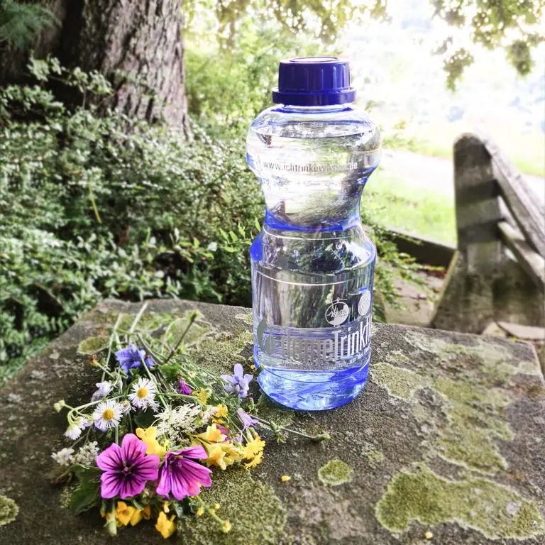 Zu sehen ist eine mit Wasser gefüllte blaue Tritan Trinkflasche. Sie steht auf einem Stein, im Hintergrund sieht man einen Baumstamm und eine grüne Wiese. Vor der Flasche liegen verschiedene bunte Blumen. Man sieht die EVA Flasche von Acala.
