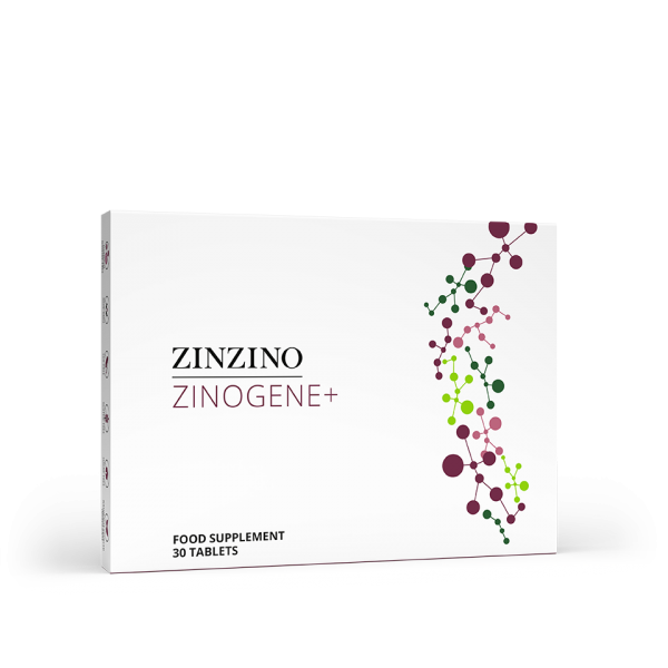 ZinoGene+ Zu sehen ist ein flacher Karton. Das Bild zeigt das Nahrungsergänzungsmittel von Zinzino Zinogene+. Es ist ein Nahrungsergänzungsmittel welches unter anderem Vitamin C und Zink enthält.