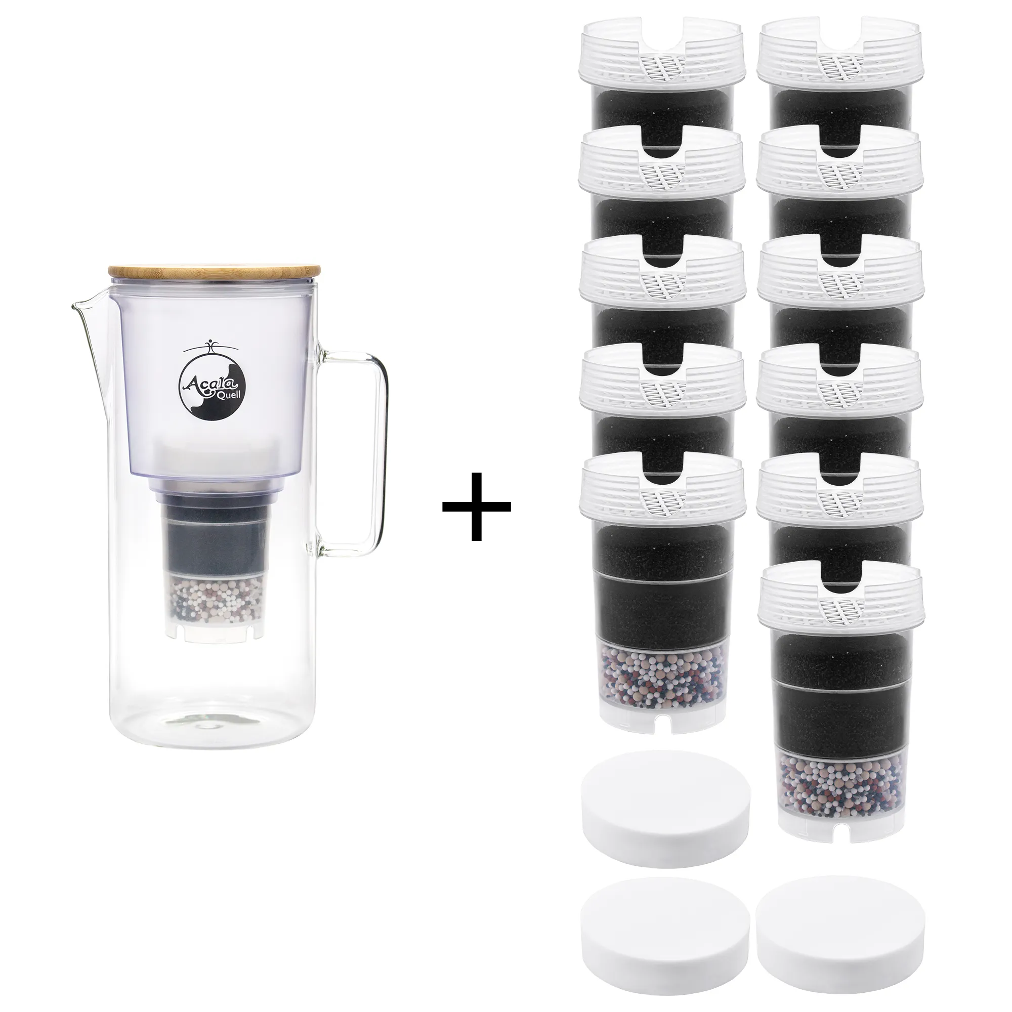 AcalaQuell® Silizia aus Glas - großes Einsteigerpaket Acala Quell Kannen Wasserfilter Silizia aus Glas mit Bambus Deckel inklusive einer Filterkartusche und einem Mikroschwamm plus elf Filterkartuschen und drei Mikroschwämme. Mit diesem großen Einsteigerpaket ist man für zwei Jahre versorgt.