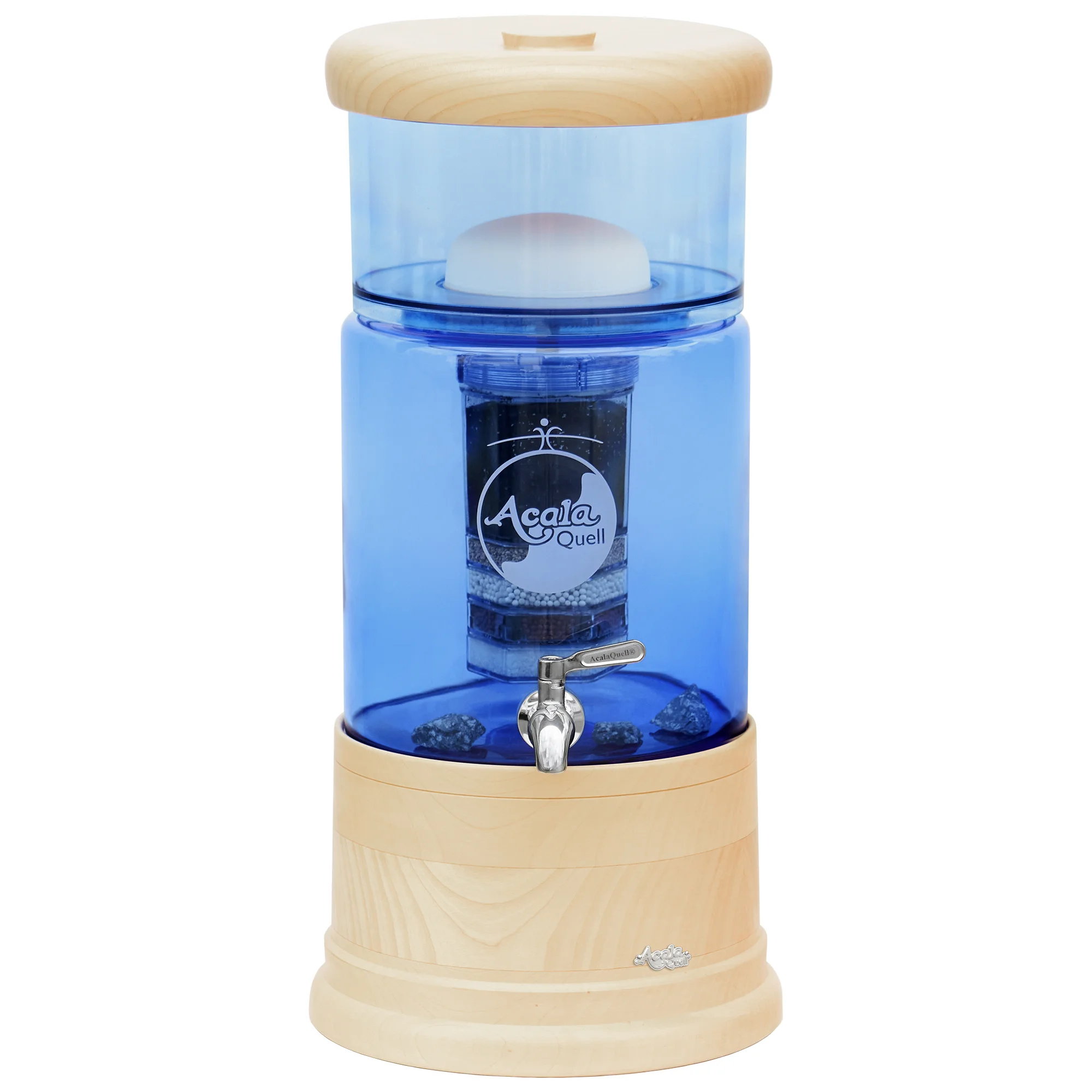 AcalaQuell Mini mit Glastank in blau und Echtholz Deckel und Sockel aus Ahorn, weißer Hintergrund.