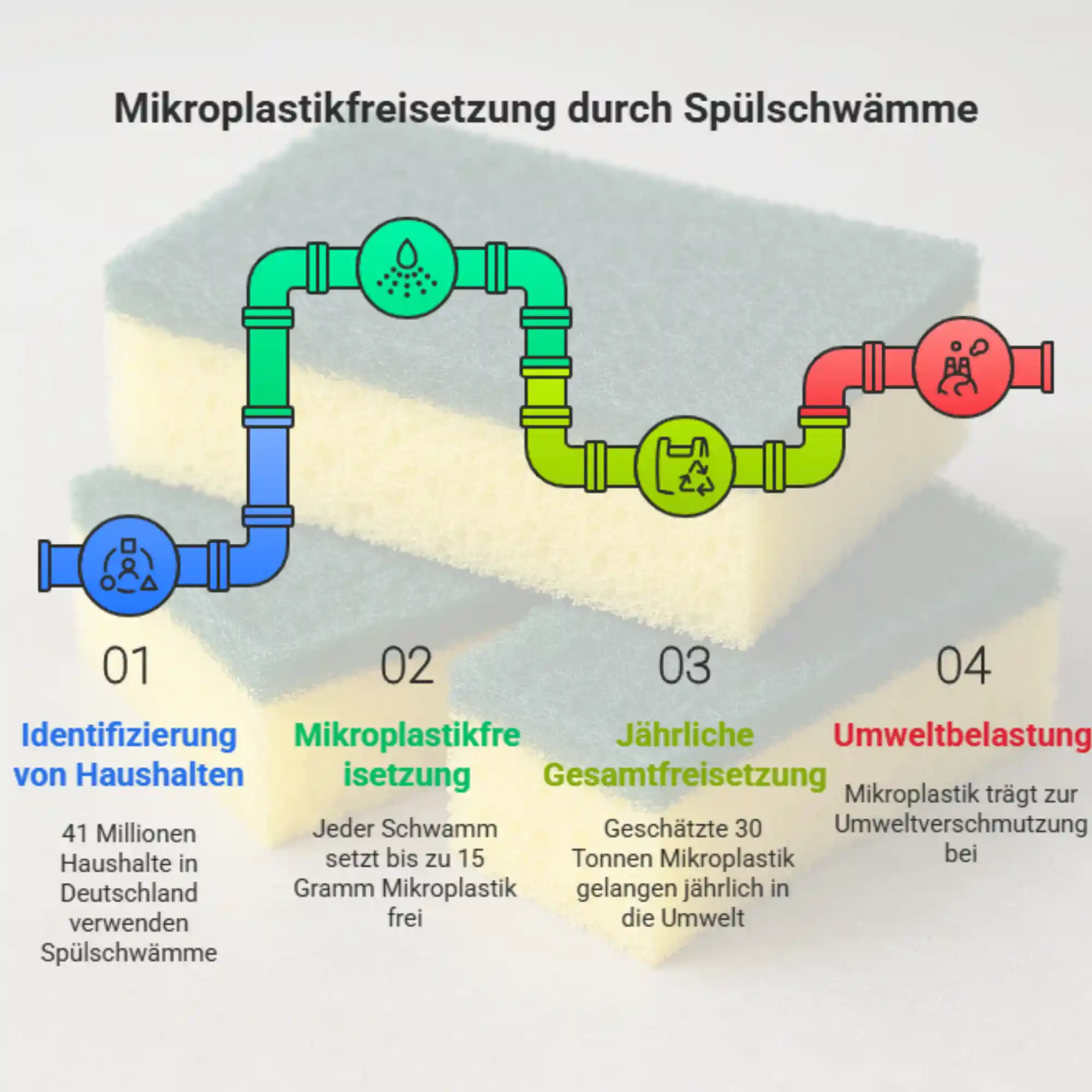 Infografik vergleicht freigesetzte Mikroplastikpartikel pro Spülgang bei herkömmlichen PU-Schwämmen, Melaminschwämmen und plastikfreien Luffa-Alternativen und gibt Tipps für einen mikroplastikfreien Abwasch.