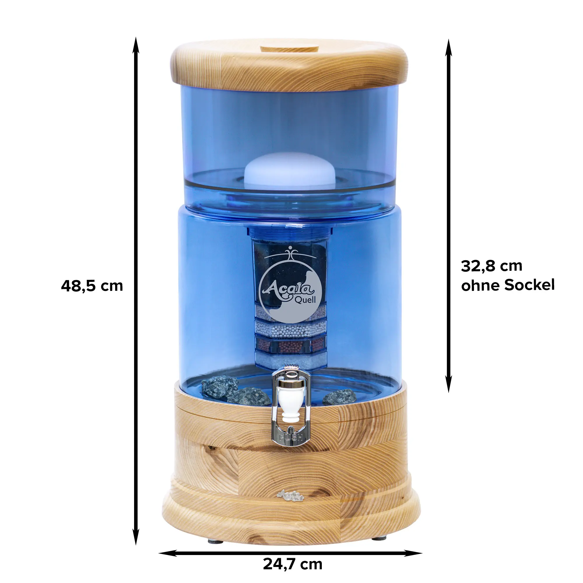 AcalaQuell Mini mit Glastank in blau und Echtholzsockel und Deckel aus Esche, weißer Hintergrund. Mit schwarzen Pfeilen sind die Maße gekennzeichnet.