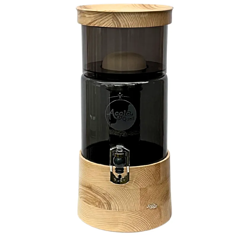 Wasserfilter AcalaQuell Mini in Anthrazit mit Glastank und flach gearbeitetem Sockel aus Eschenholz