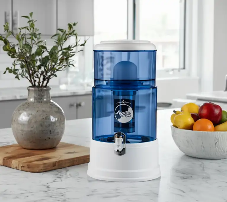 Großer Wasserfilter aus blauem Glas mit 8 Litern Fassungsvermögen, als Tischfilter ohne Strom verwendbar