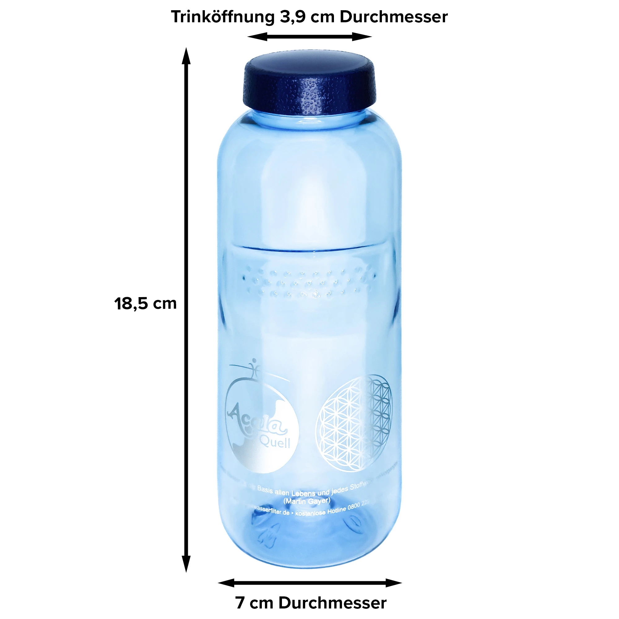Eine blaue Tritan Trinkflasche Grip 0,5L mit dunkelblauem Schraubdeckel vor weißem Hintergrund. Mit schwarzen Pfeilen sind die Maße gekennzeichnet.