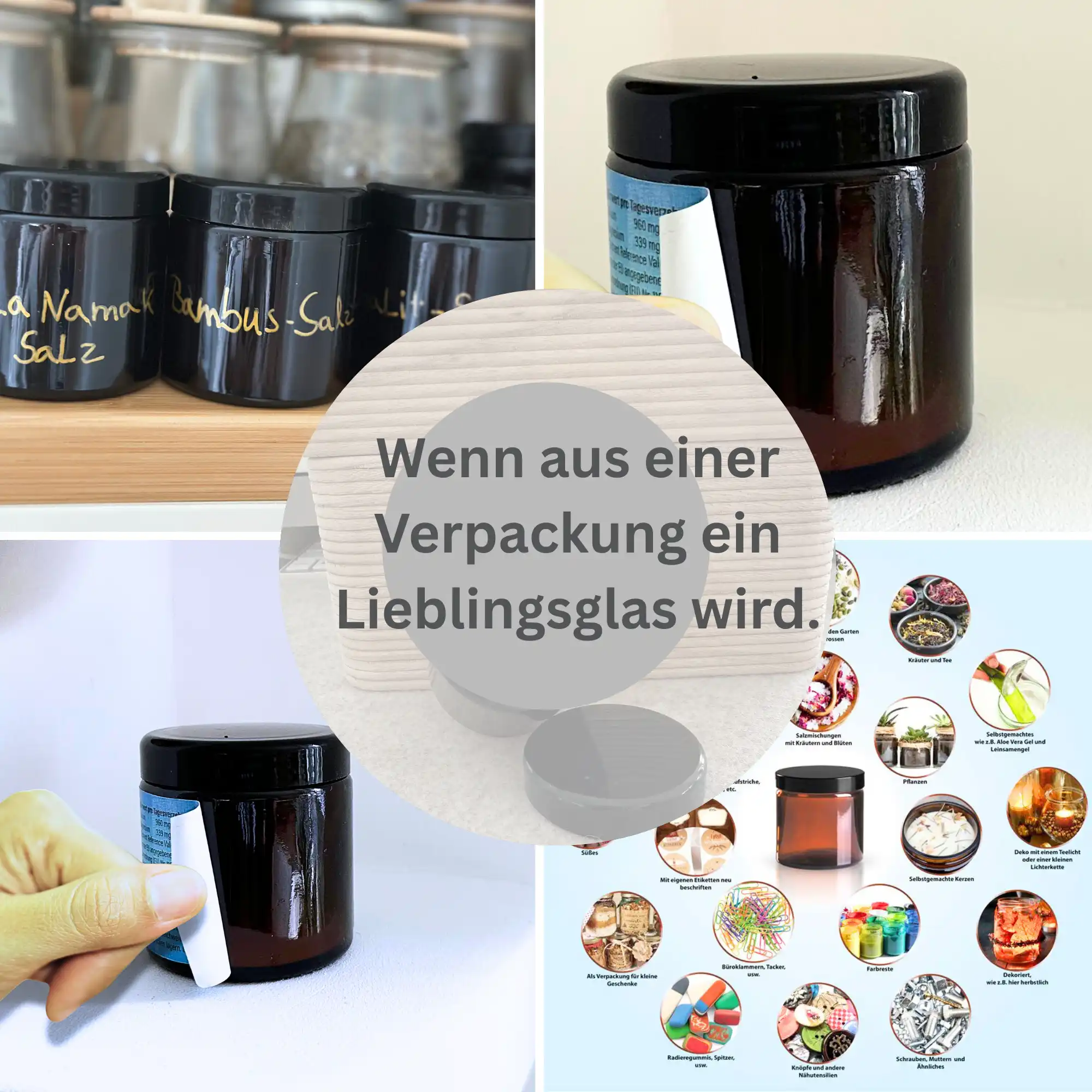 Mehrere Bilder auf einer Collage die zeigen dass man das Etikett von Glas sehr einfach entfernen kann um es nachhaltig zu nutzen