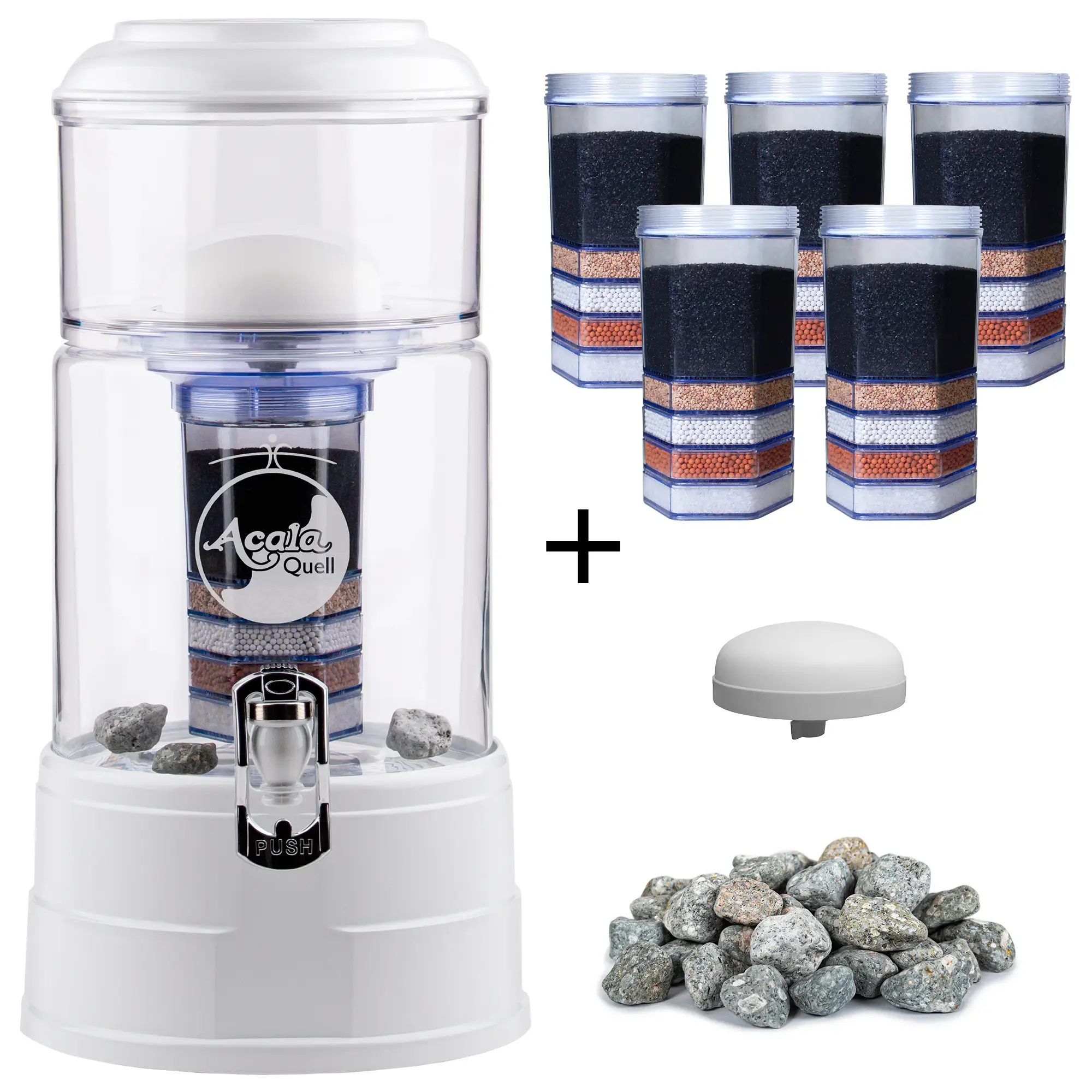 großes Einsteigerpaket AcalaQuell® Mini kristallklar/weiß Zu sehen ist der Acala Mini in kristallklar-weiß inklusive einer Filterkartusche und einem Keramikfilter. Zusätzlich sieht man 5 Filterkartuschen, einen Keramikfilter und einen Haufen Mineralsteine. Man sieht das große Einsteigerpaket für zwei Jahre.