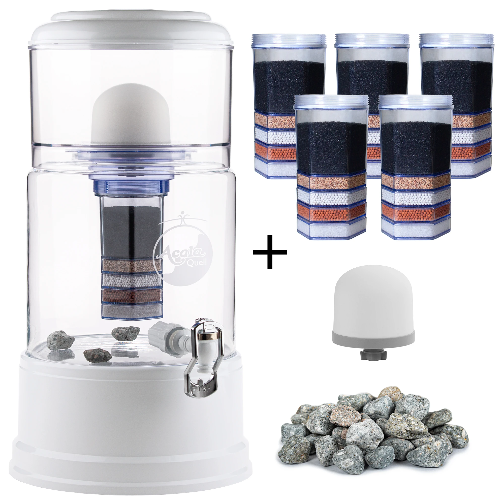 Zu sehen ist der Acala Smart in kristallklar-weiß inklusive einer Filterkartusche und einem Keramikfilter. Zusätzlich sieht man 5 Filterkartuschen, einen Keramikfilter und einen Haufen Mineralsteine. Man sieht das große Einsteigerpaket für zwei Jahre.