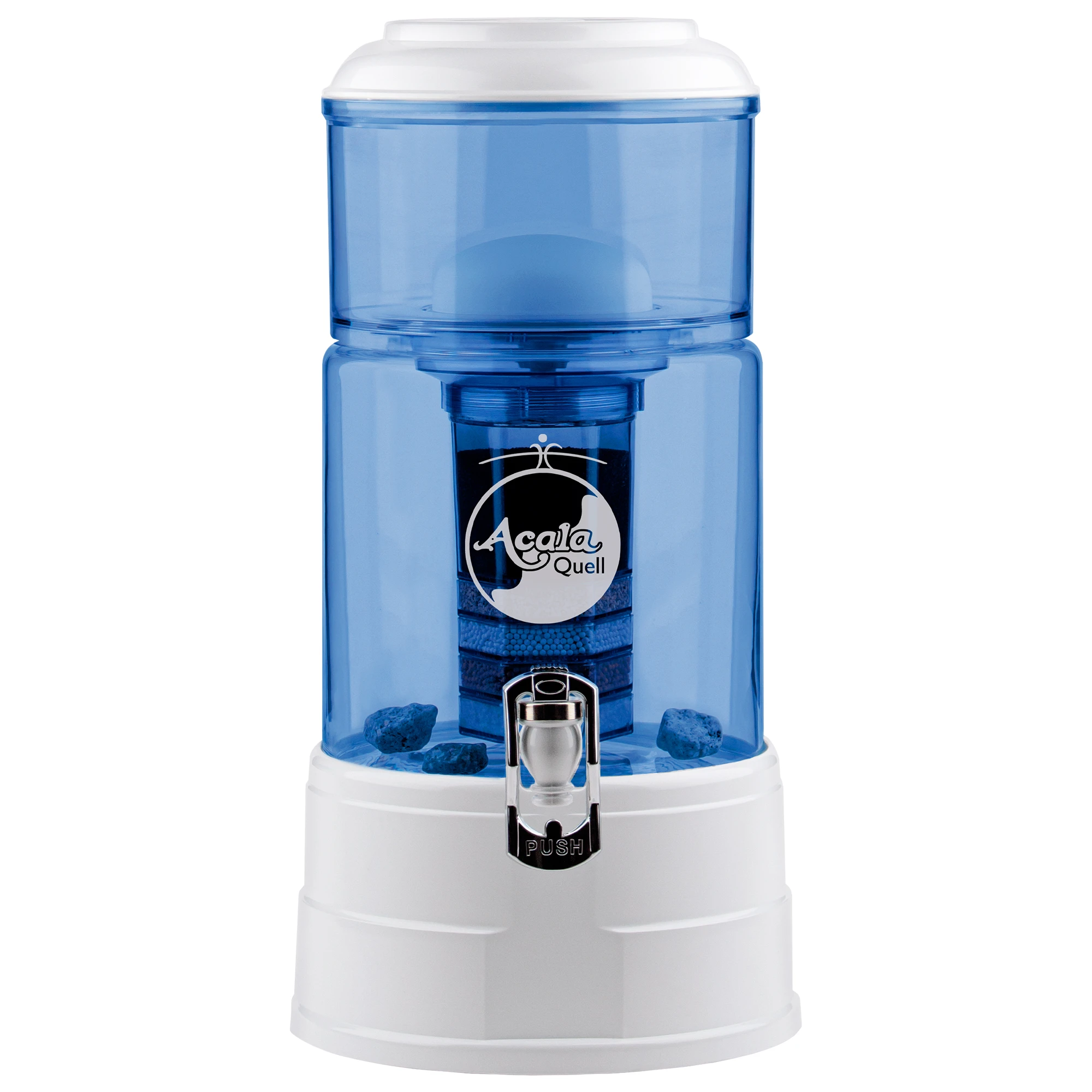 Zu sehen ist der Wasserfilter Mini in blau-weiß inklusive Filterkartusche und Keramikfilter, weißer Hintergrund. Sockel, Deckel und Hahn in weiß. 5L Glastank in blau mit heller Acala Logo Gravur, oberer Einfüllbehälter auch in blau.