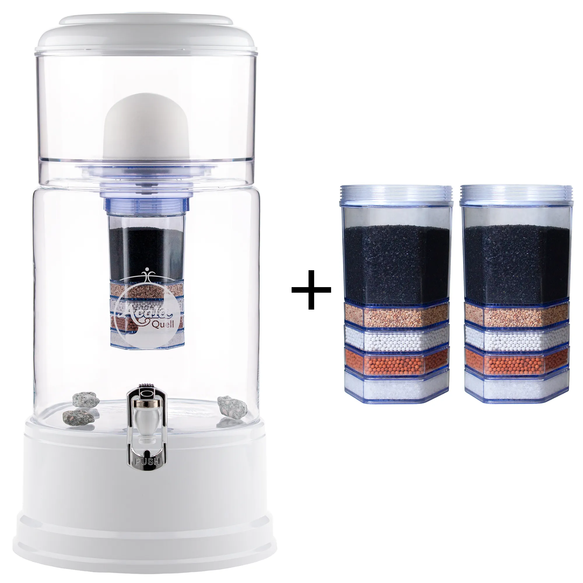 Einsteigerpaket AcalaQuell® Grande Kristallklar/Weiß Zu sehen ist der Acala Wasserfilter Grande in kristallklar-weiß inklusive einer Filterkartusche und einem Keramikfilter. Zusätzlich sieht man zwei Filterkartuschen. Das Bild zeigt das Einsteigerpaket für ein Jahr.