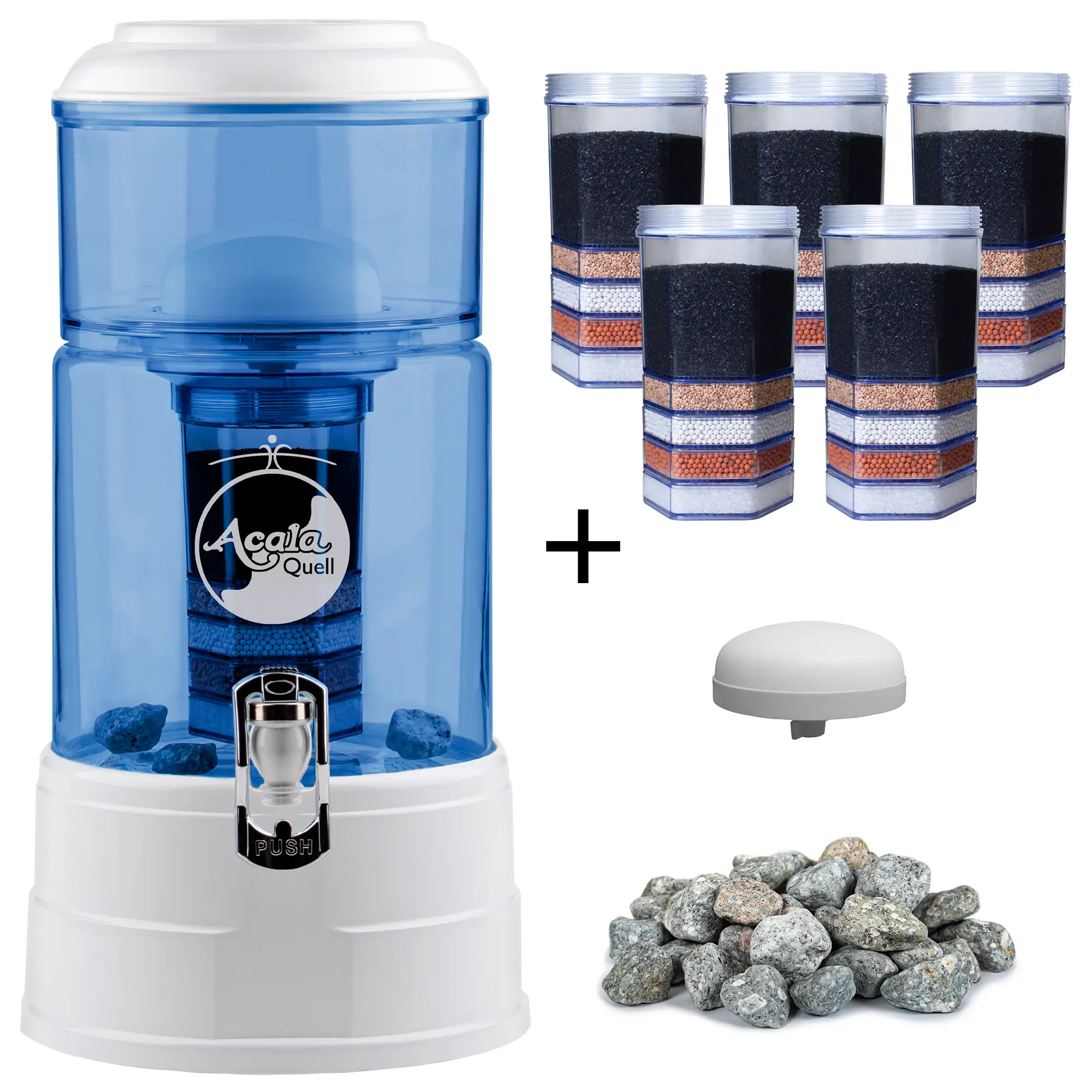 großes Einsteigerpaket AcalaQuell® Mini blau/weiß Zu sehen ist der Acala Mini in blau-weiß inklusive einer Filterkartusche und einem Keramikfilter. Zusätzlich sieht man 5 Filterkartuschen, einen Keramikfilter und einen Haufen Mineralsteine. Man sieht das große Einsteigerpaket für zwei Jahre.