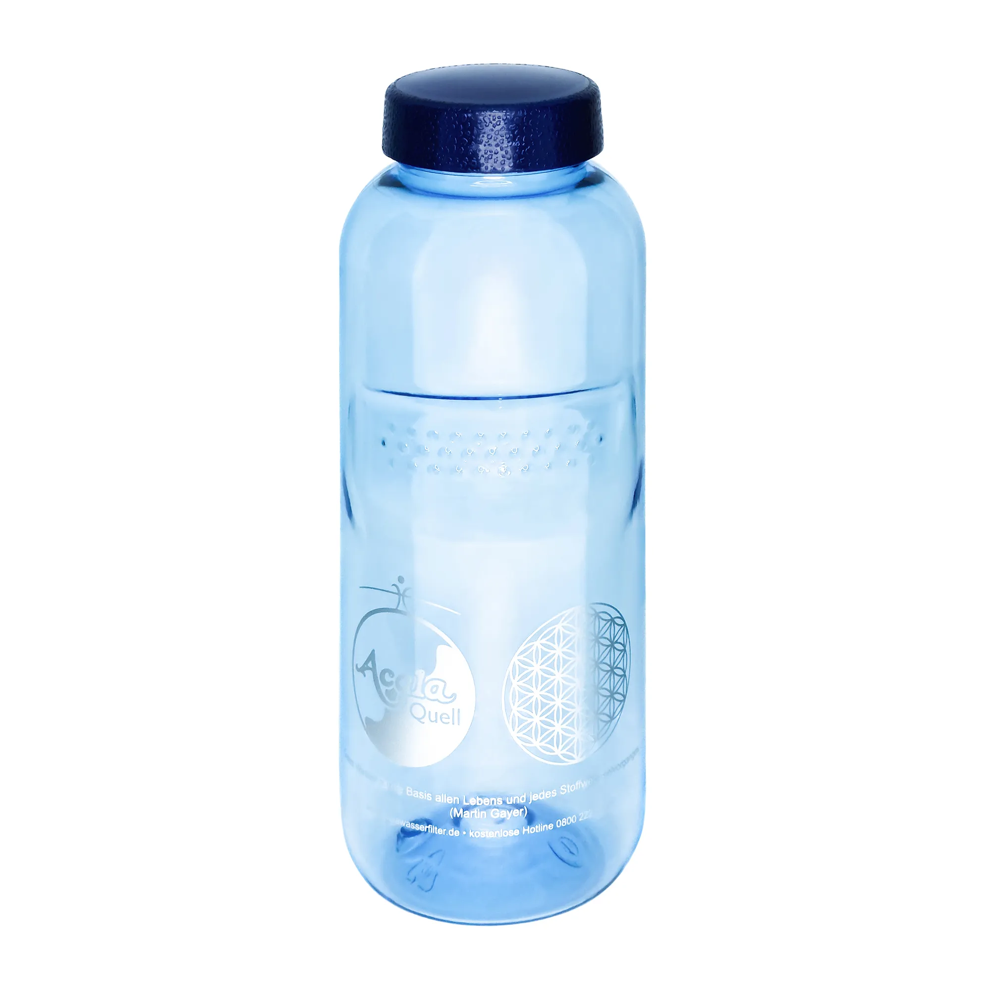 Acala Trinkflasche Grip 0,5 L aus Tritan Eine blaue Tritan Trinkflasche Grip 0,5L mit dunkelblauem Schraubdeckel vor weißem Hintergrund.