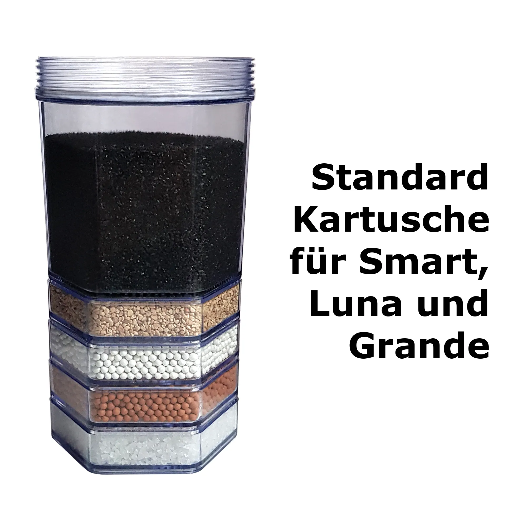 AcalaQuell® Premium Kartusche für AcalaQuell® Smart/Luna/Grande Eine Premium Filterkartusche für die Acala Stand Wasserfilter. Rechts daneben stehen in schwarzer, fetter Schrift die Worte Standard Kartusche für Smart, Luna und Grande.