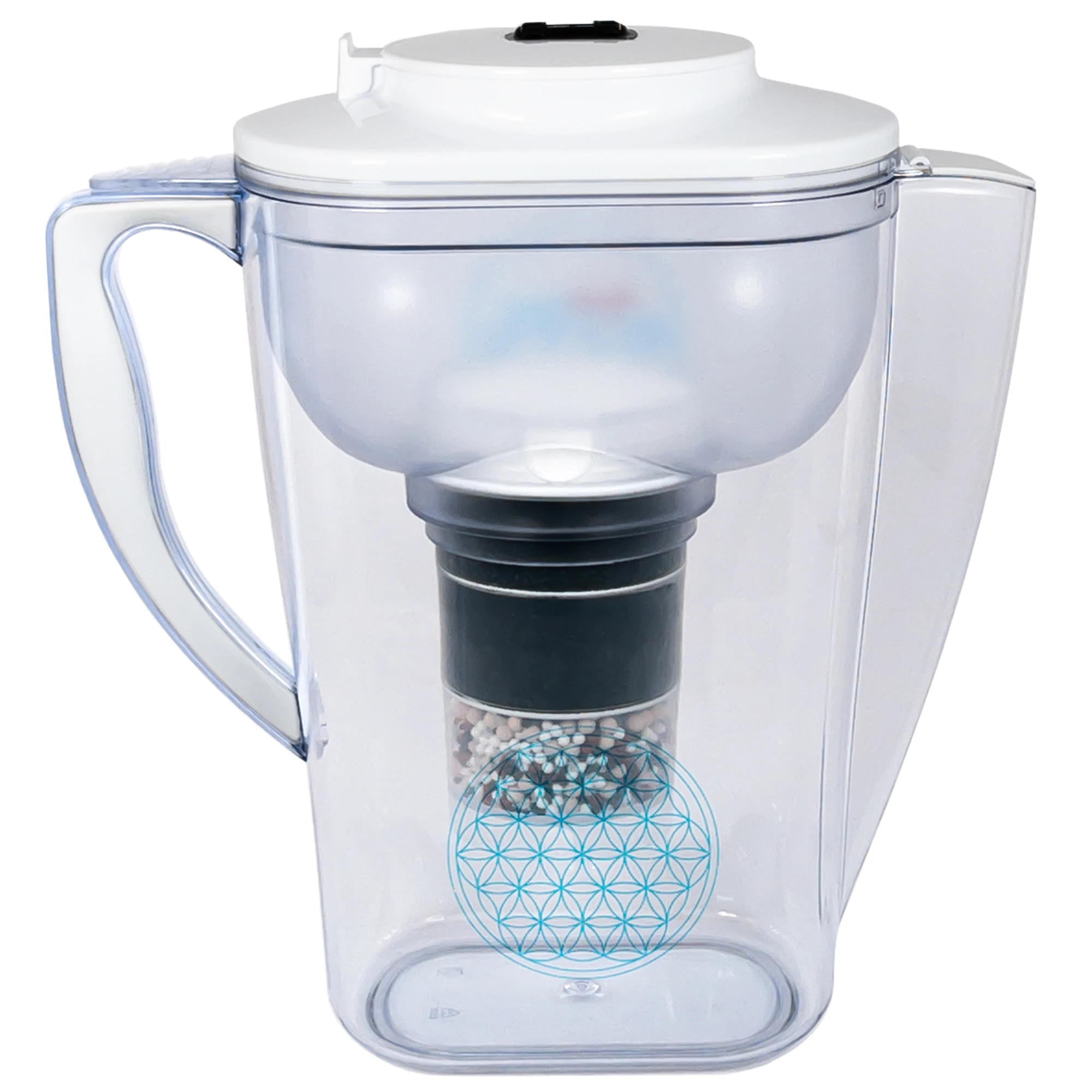 Zu sehen ist der Acala Sunny inklusive einer Filterkartusche und einem Mikroschwamm mit Deckel und Griff in weiß, weißer Hintergrund. Man schaut auf die Rückseite des Filters und sieht die Blume des Lebens aufgedruckt.