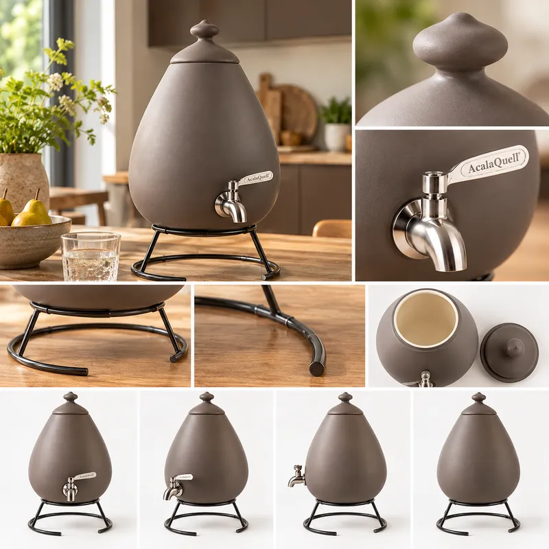 Porzellan Ei in dunklem Taupe auf einem Esstisch in einem Esszimmer Es sind verschiedene Ausschnitte des Produktes gezeigt in einer Collage