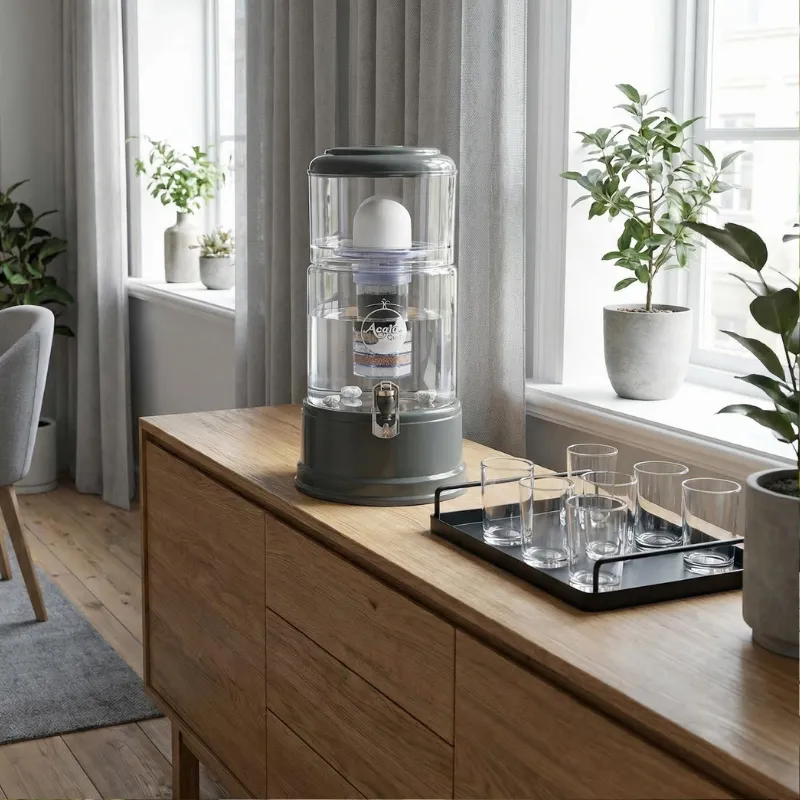 Wasserfilter steht im Esszimmer auf einem Sideboard, daneben ein Tablett mit verschiedenen Gläsern
