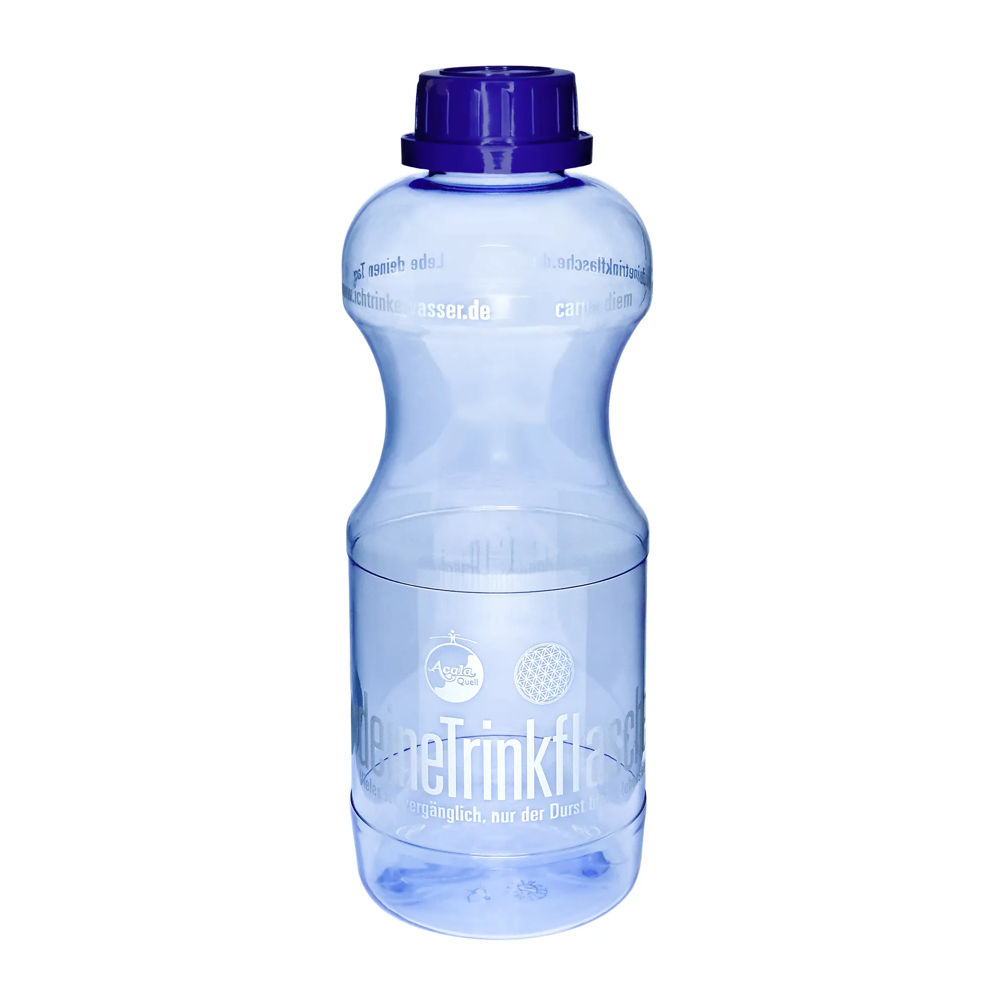 Eine blaue Tritan Trinkflasche Eva 1L mit dunkelblauem Schraubdeckel vor weißem Hintergrund.
