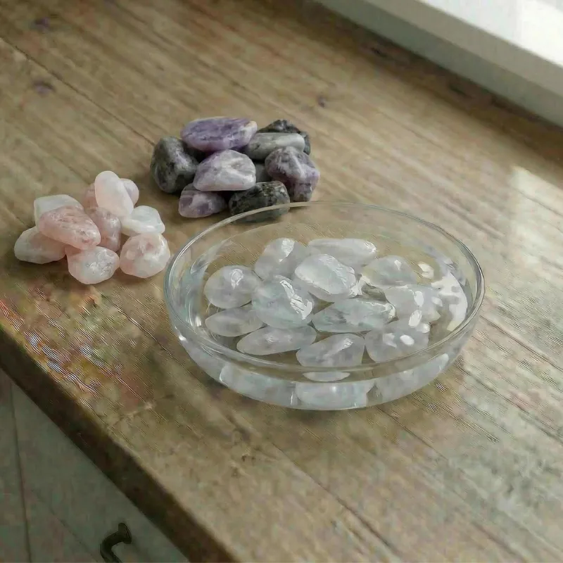 In einer Schale mit Wasser liegen Bergkristalle, links daneben liegen rosenquarze und Ametisten
