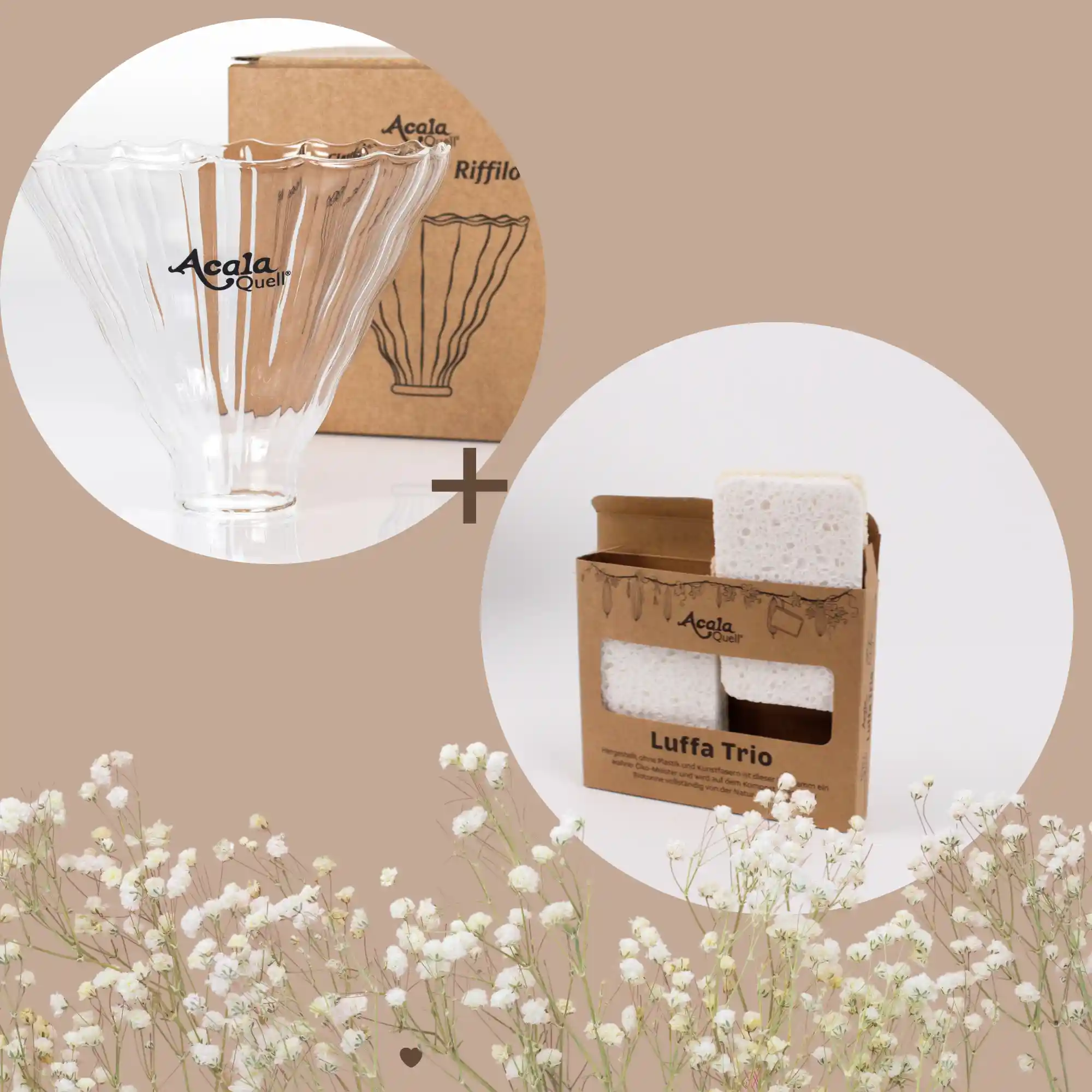 Trichter aus Glas und Luffa Schwamm Trio