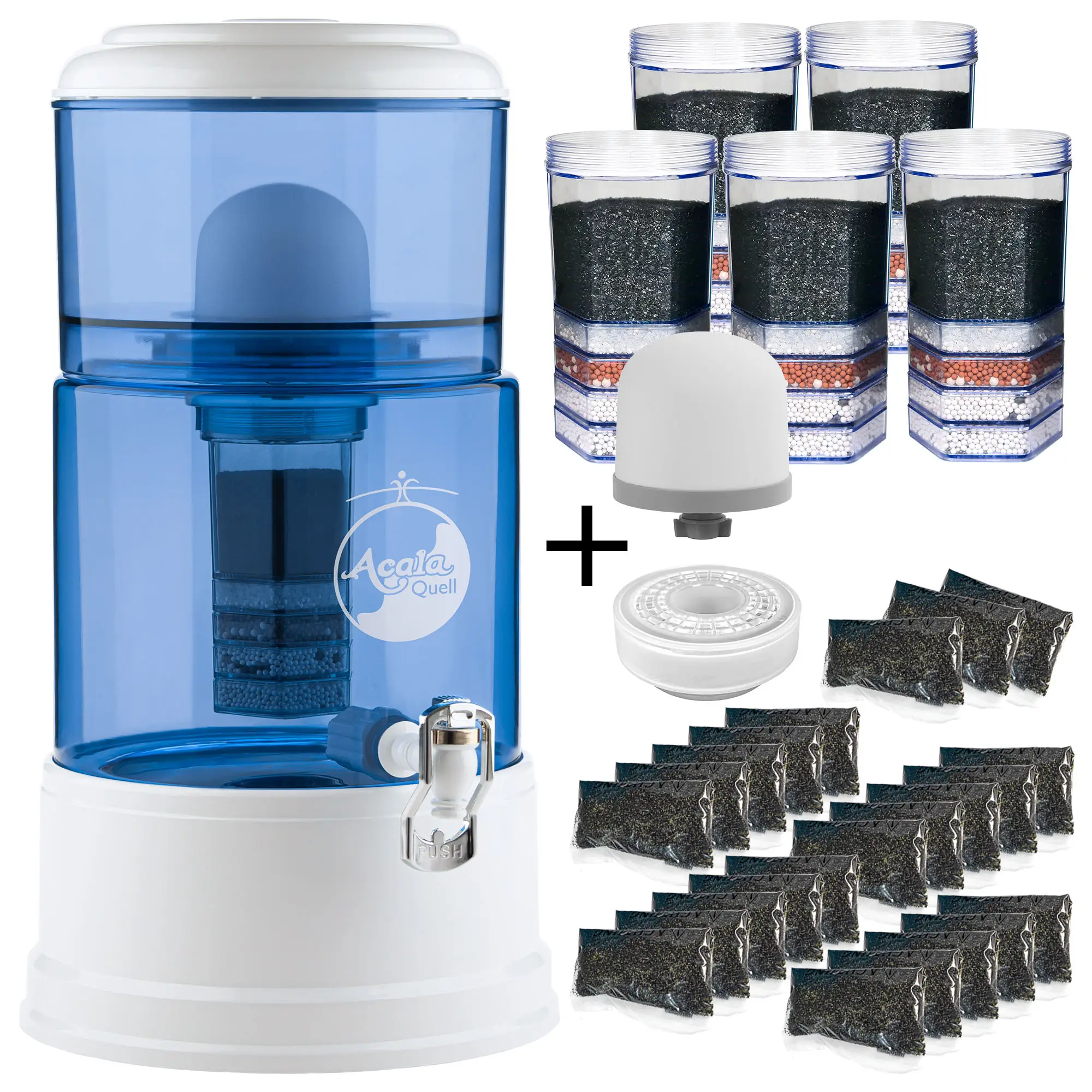 großes Einsteigerpaket AcalaQuell® Advanced Blau/Weiß Zu sehen ist der Acala Advanced in blau-weiß inklusive Filterkartusche + Keramikfilter. Zusätzlich sieht man 5 Filterkartuschen, eine Kalkfilterdose, 23 Kalknachfüllbeutel + 1 Keramikfilter. Man sieht das große Einsteigerpaket für 2 Jahre.