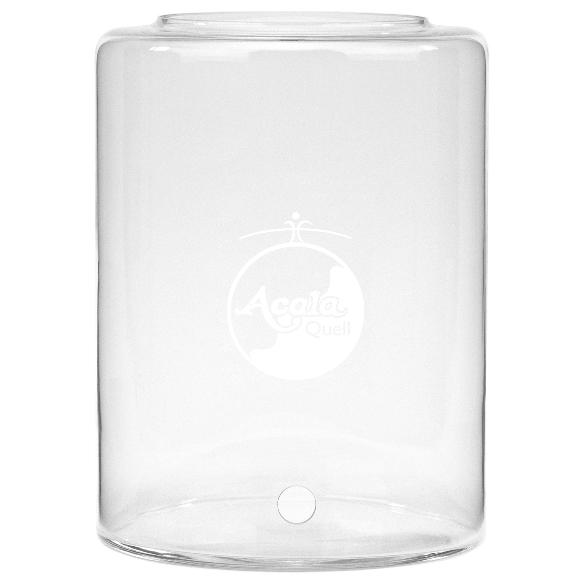 Zu sehen ist ein 7L Glastank für den Acala Stand Wasserfilter Midi in kristallklar vor weißem Hintergrund. Er hat ein Bohrloch für den Wasserhahn und darüber sieht man das AcalaQuell Logo in weiß, welches auf den Tank graviert ist.