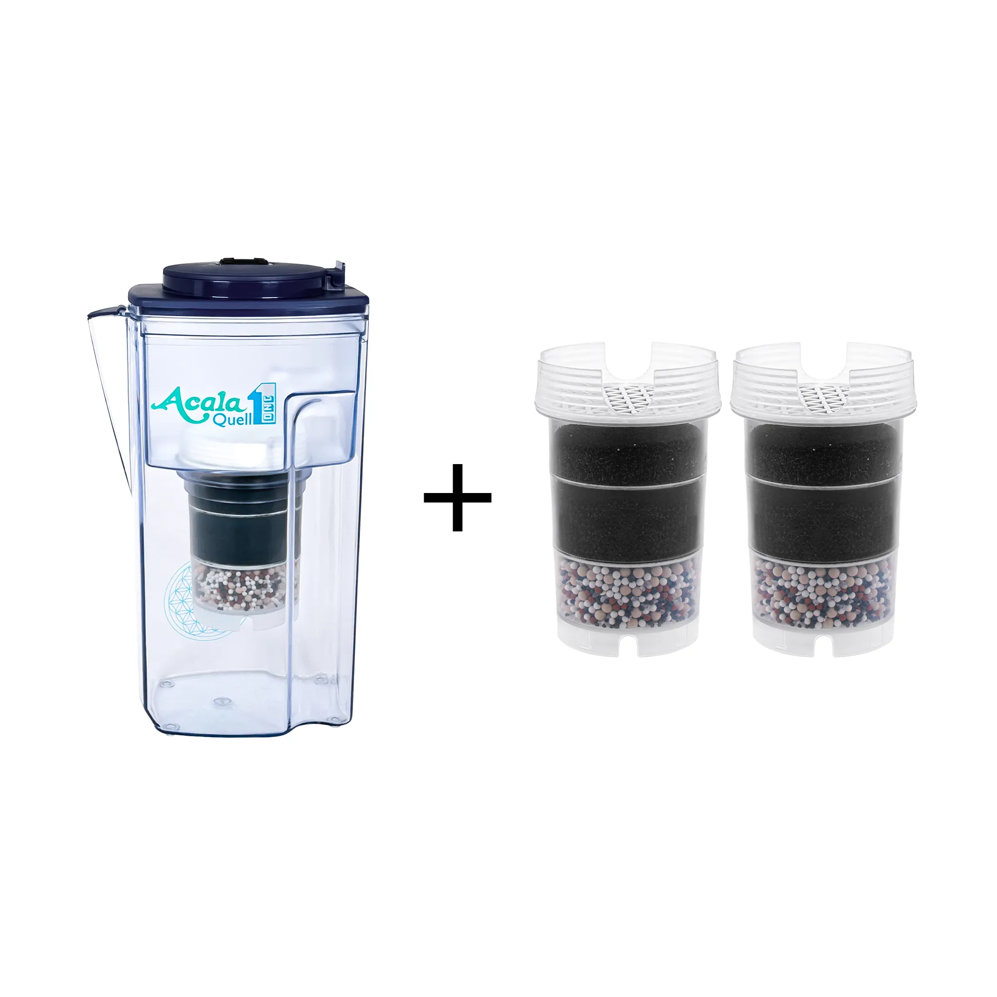 kleines Einsteigerpaket AcalaQuell® One in dunkelblau Acala Quell Kannen Wasserfilter ONE mit Deckel in dunkelblau inklusive einer Filterkartusche und einem Mikroschwamm plus zwei Filterkartuschen. Mit diesem kleinen Einsteigerpaket ist man für ein halbes Jahr versorgt.