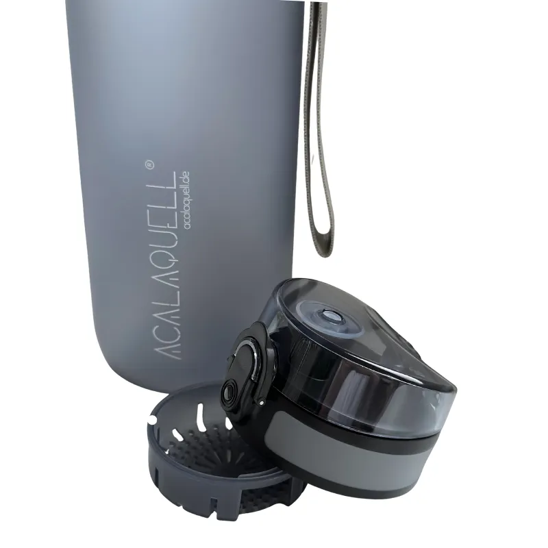 Blaugrau Tritanflasche Travelgo, zoom auf Sieb und Deckel