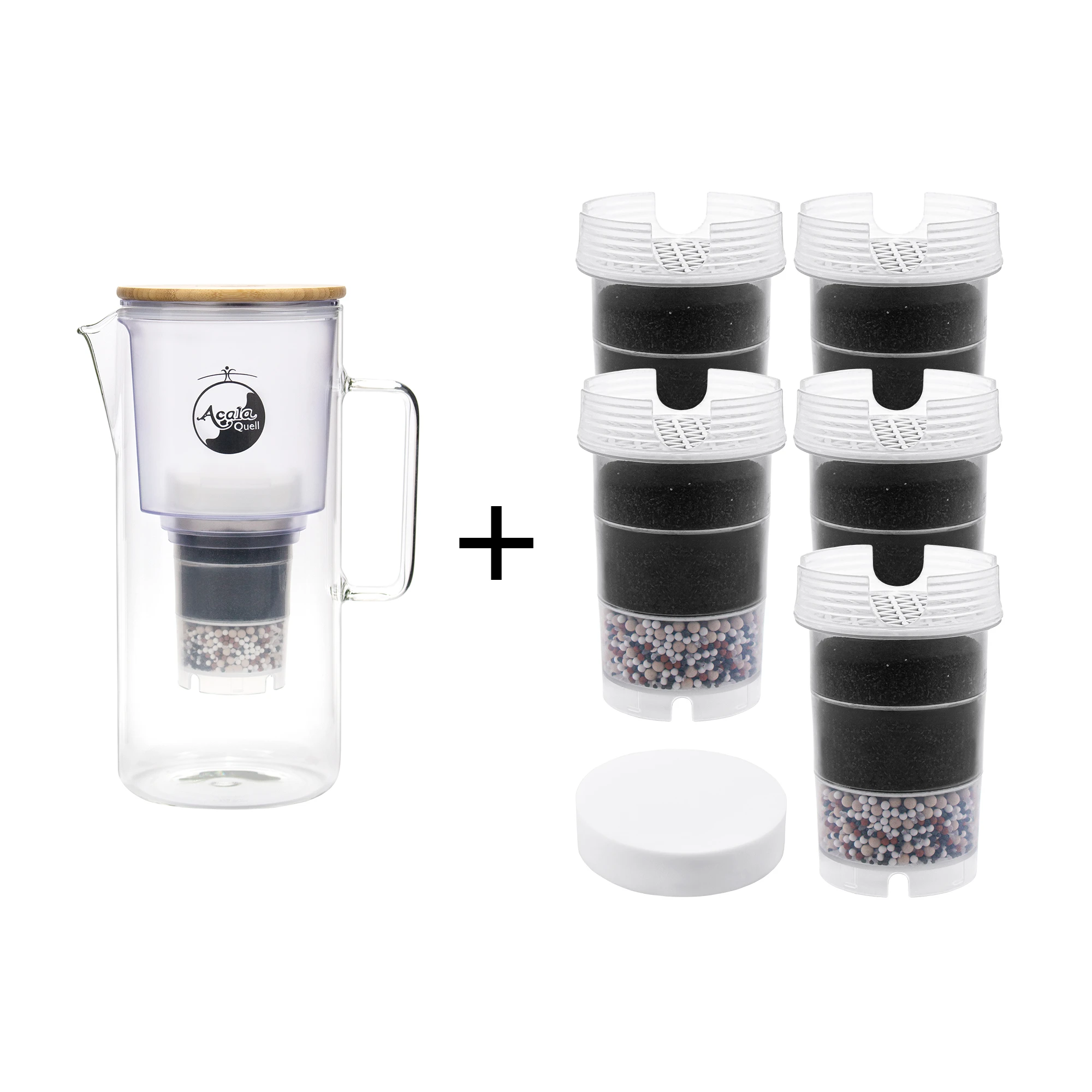 AcalaQuell® Silizia aus Glas - Einsteigerpaket Acala Quell Kannen Wasserfilter Silizia aus Glas mit Bambus Deckel inklusive einer Filterkartusche und einem Mikroschwamm plus fünf Filterkartuschen und ein Mikroschwamm. Mit diesem Einsteigerpaket ist man für ein Jahr versorgt.