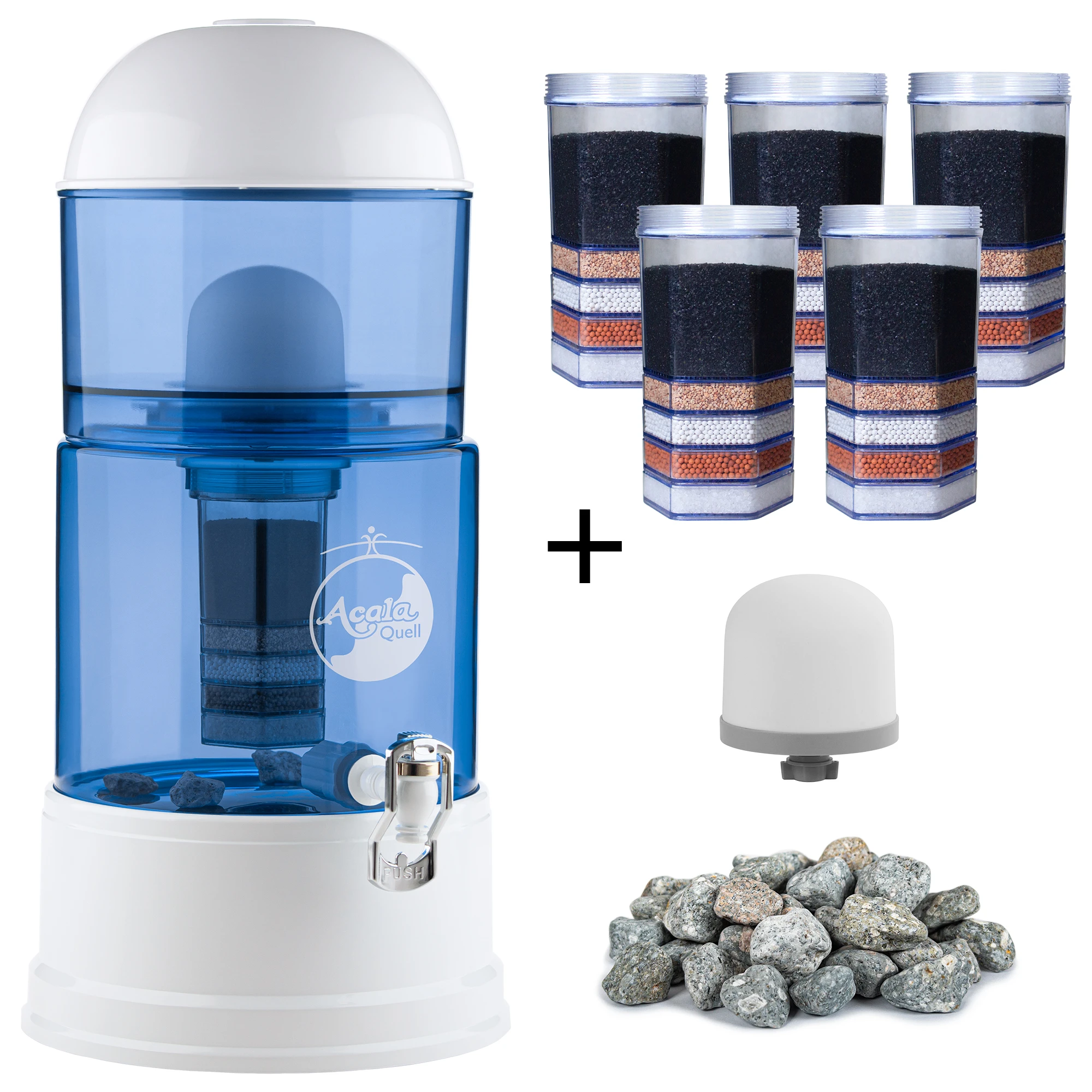 großes Einsteigerpaket AcalaQuell® Luna Blau/Weiß Zu sehen ist der Acala Luna in blau-weiß inklusive einer Filterkartusche und einem Keramikfilter. Zusätzlich sieht man 5 Filterkartuschen, einen Keramikfilter und einen Haufen Mineralsteine. Man sieht das große Einsteigerpaket für zwei Jahre.