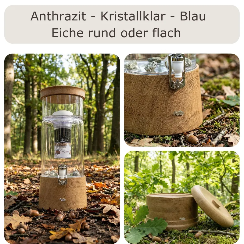 Übersicht AcalaQuell MIDI Wasserfilter in kristallklarem Glas mit rundem und flachem Deckel sowie Sockel aus Eiche-Echtholz.